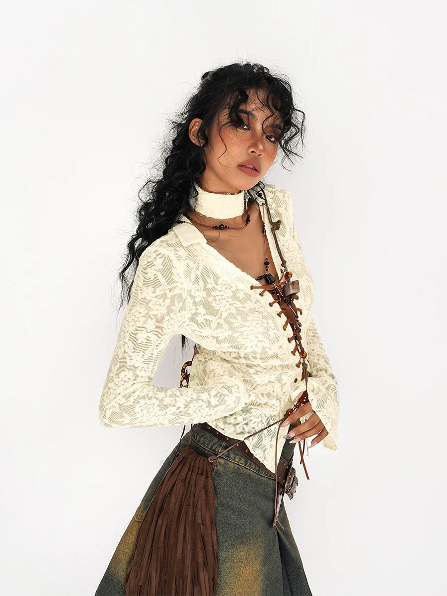 Nico Molly Lace-Up Textured Cardigan - Ivory and Black (Women's)
