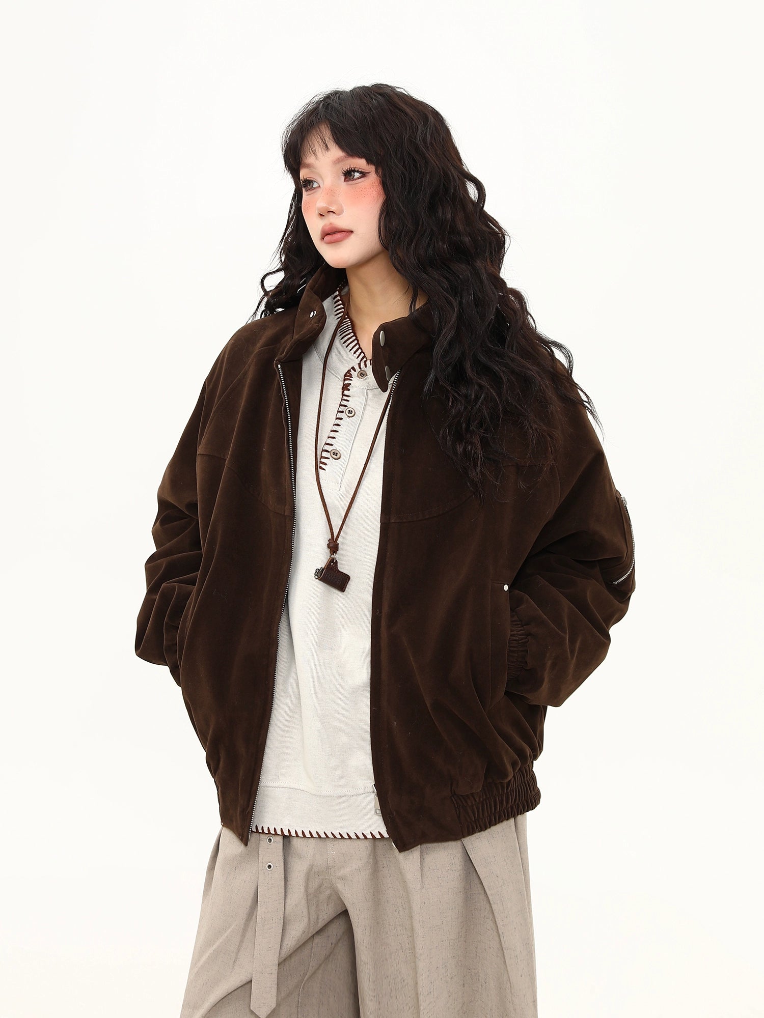 Velvet Stand-Collar Bomber Jacket