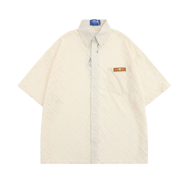 Sheer Geometric Lace Button-Up Shirt
