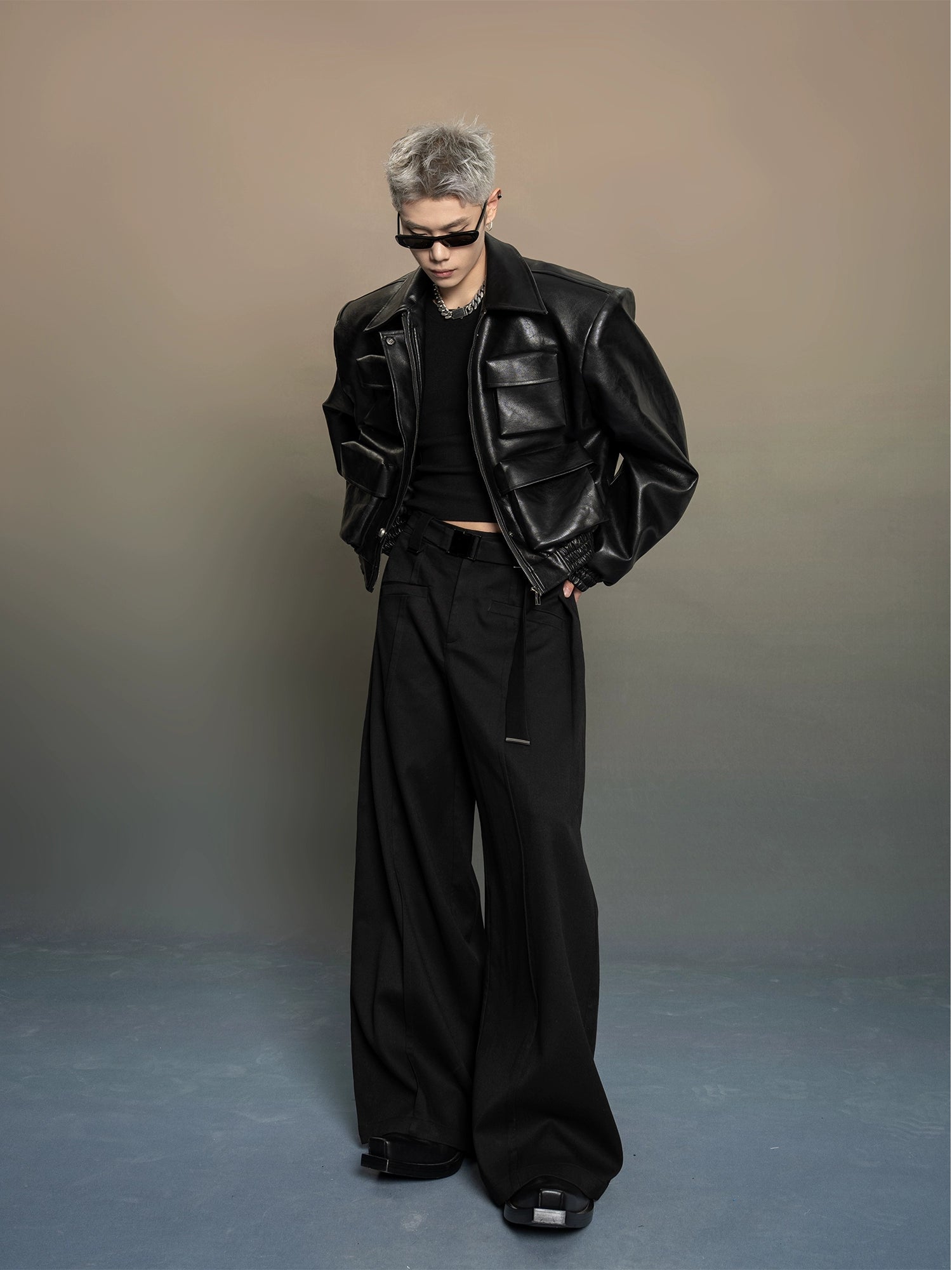 Boxy Faux Leather Cargo Pocket Jacket