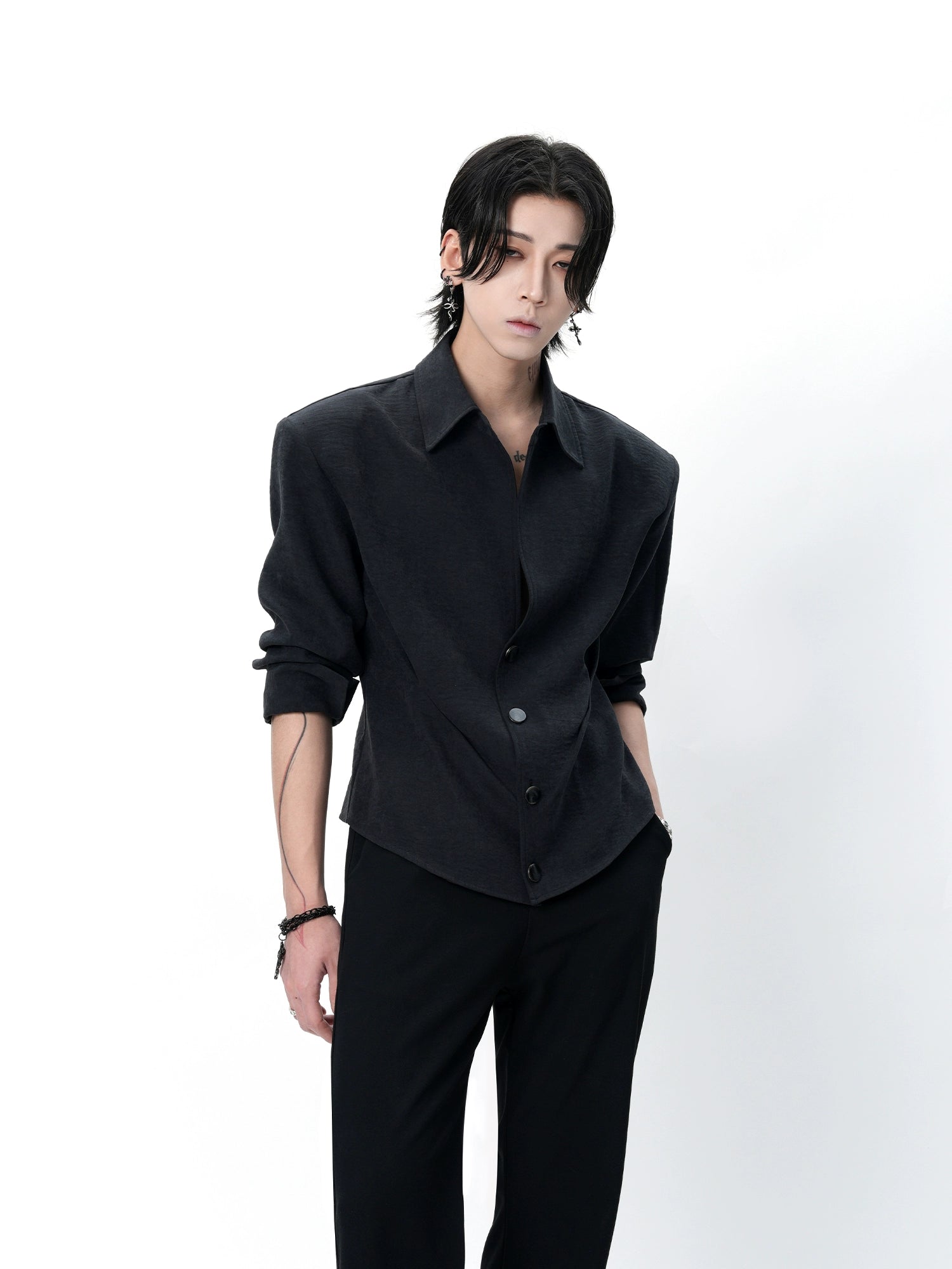 Black Sculpted Waist Button-Up Shirt