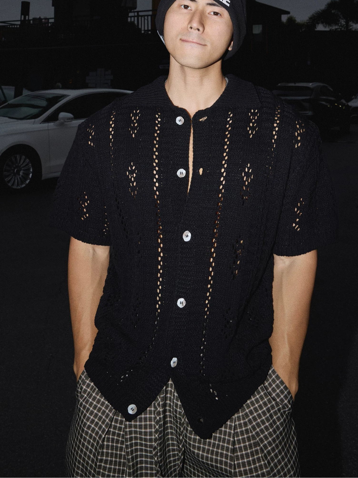 Midnight Pier Open‑Knit Cardigan Shirt
