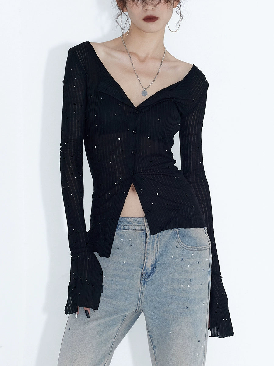 Galaxy Glint Ribbed Button Cardigan Top