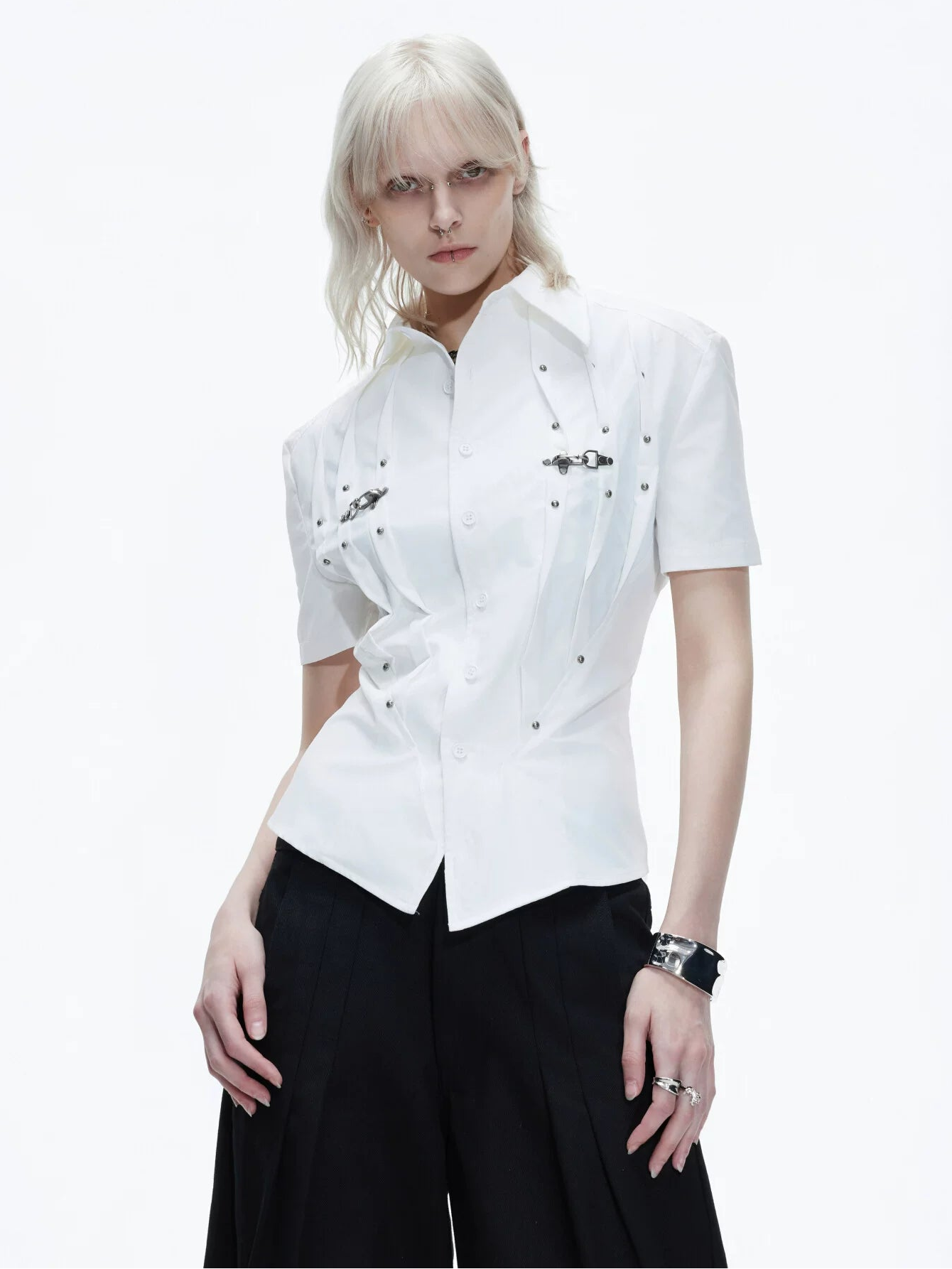 Pleated Safety Pin Accent Shirt