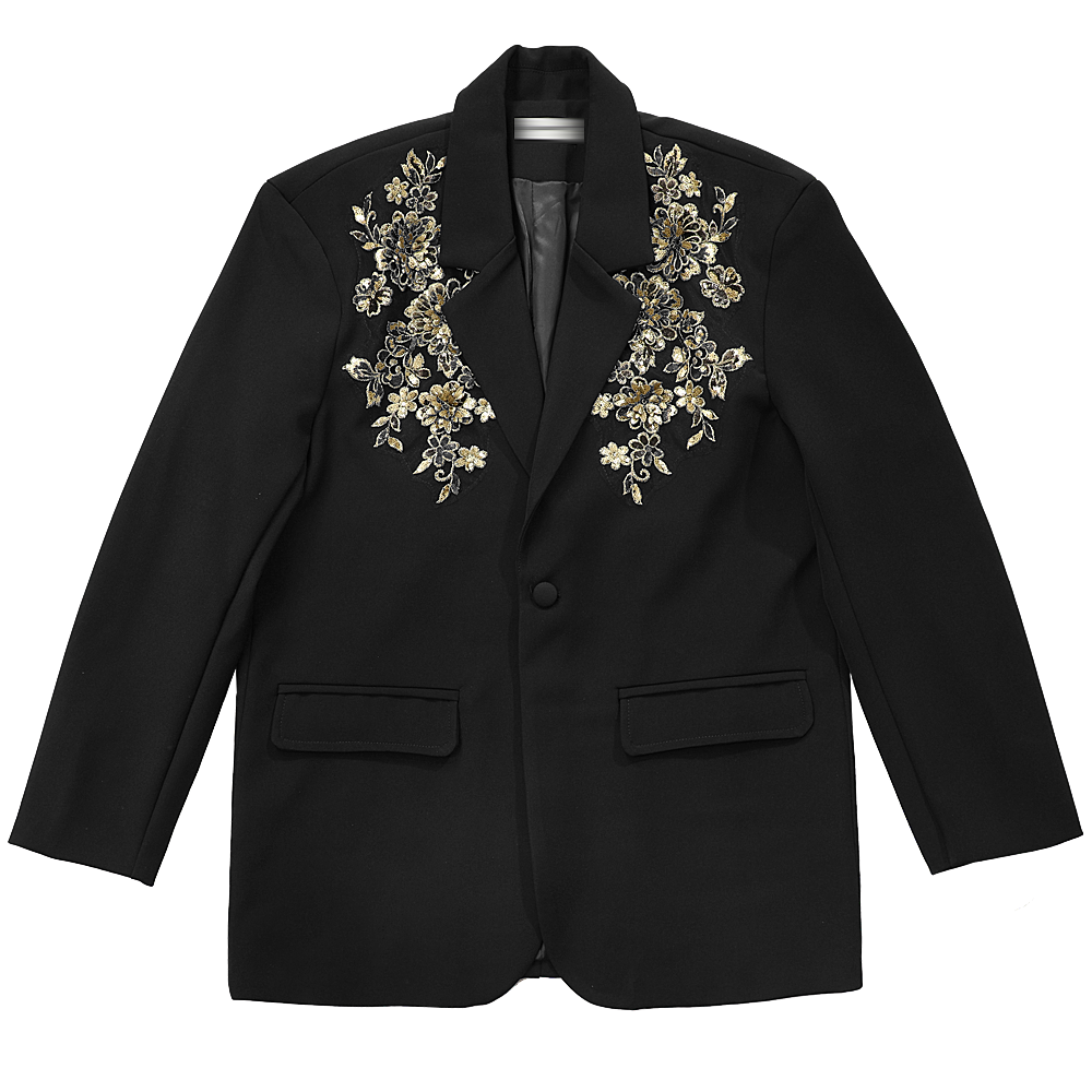 Black Blazer with Gold Floral Embroidery on Lapels