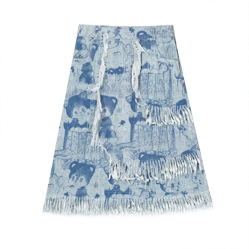 Cartoon Print Frayed Denim Midi Skirt