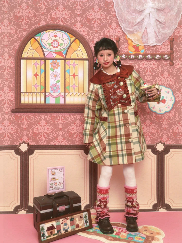Autumn Plaid Bow Collar Coat