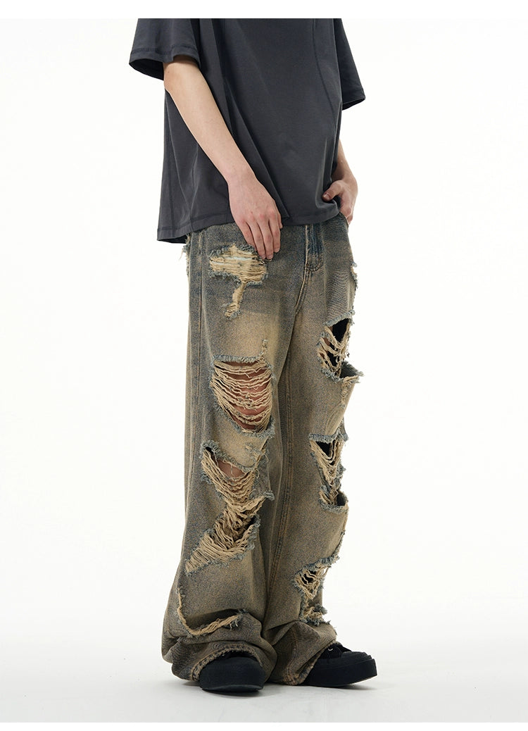 All-Over Distressed Wide-Leg Ripped Jeans