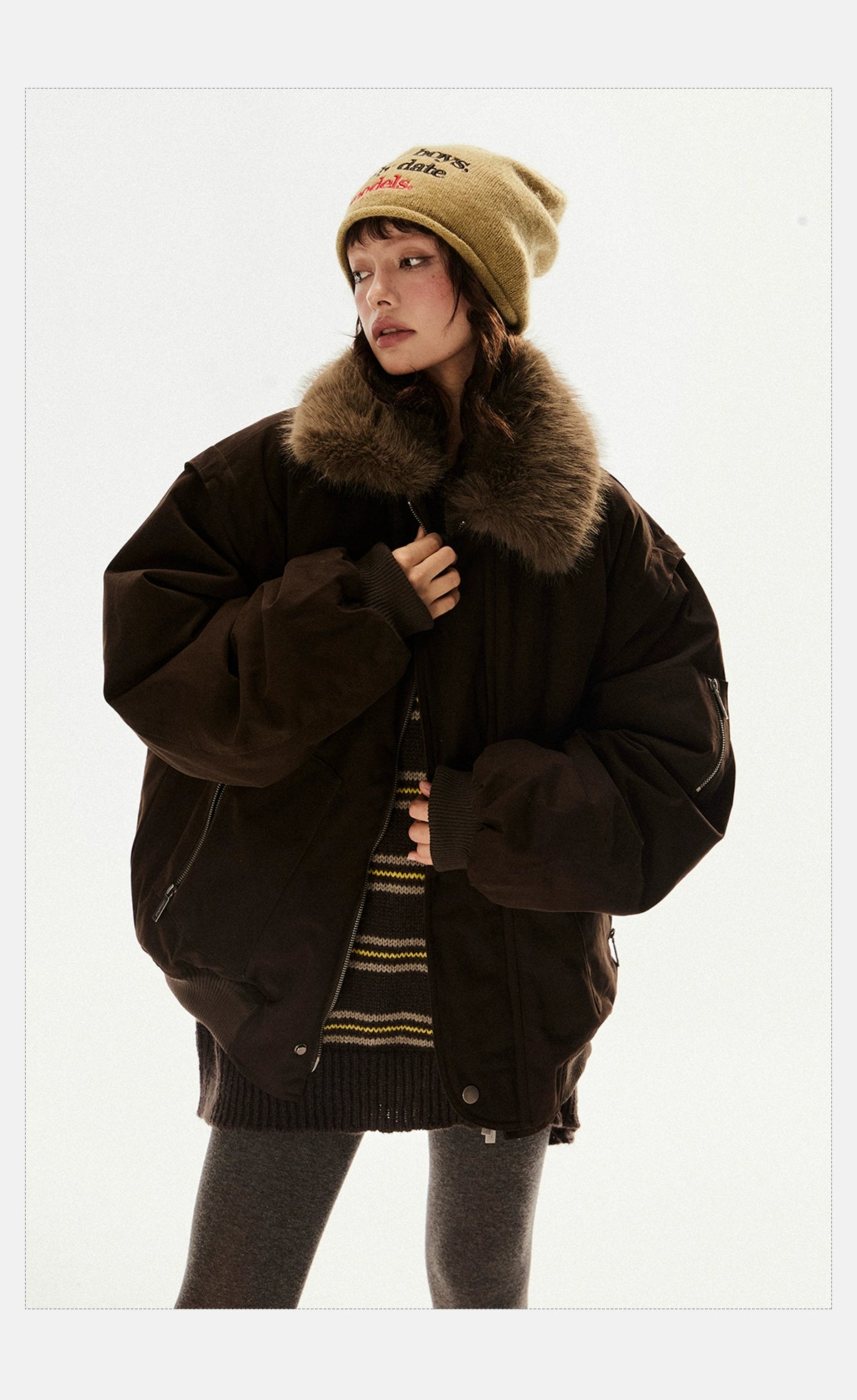 Oversized Faux Fur Collar Dark Brown Jacket