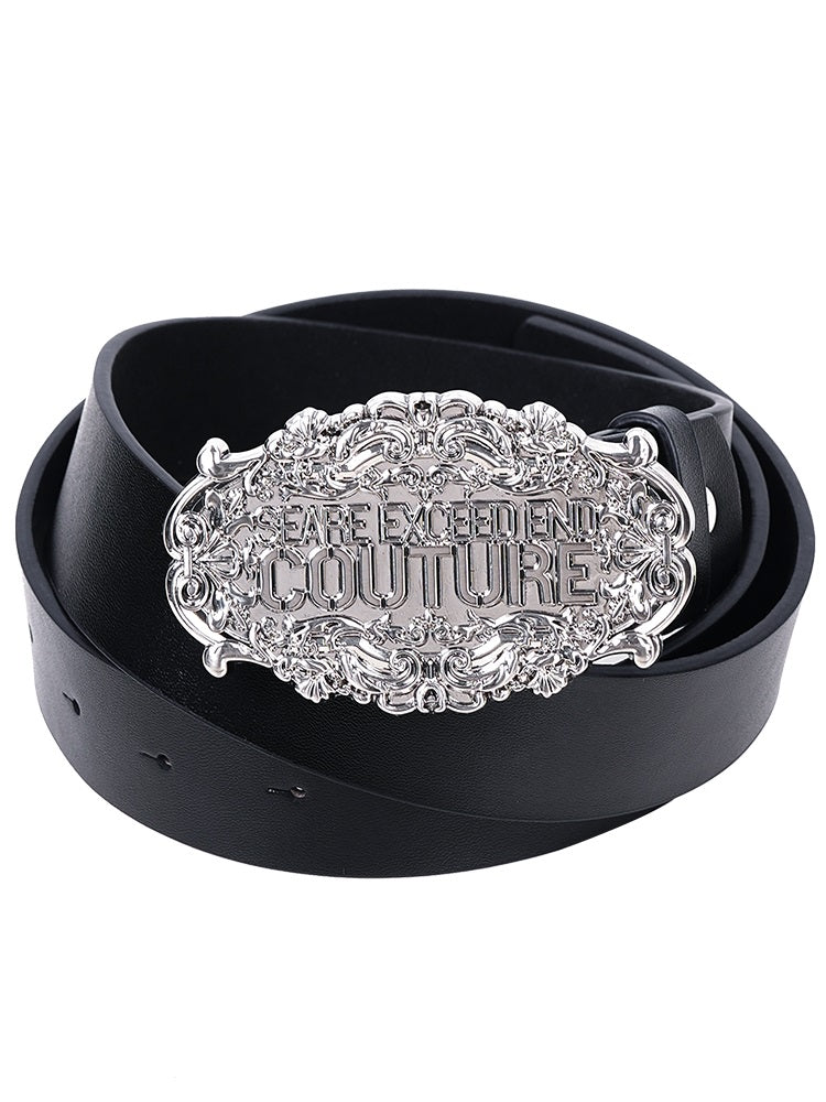 Ornate Silver "Couture" Belt Buckle with Black Leather Belt