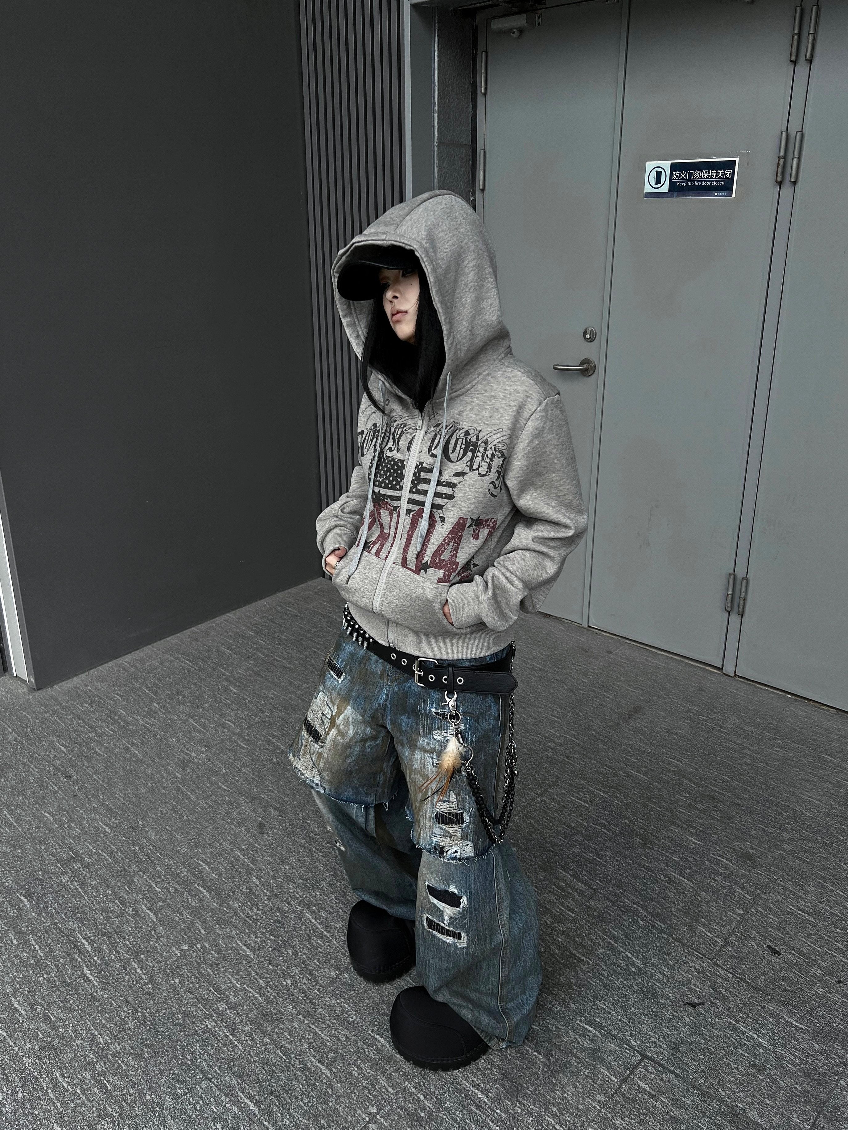 Men's Distressed Letter-Print Fleece-Lined Zip-Up Hoodie