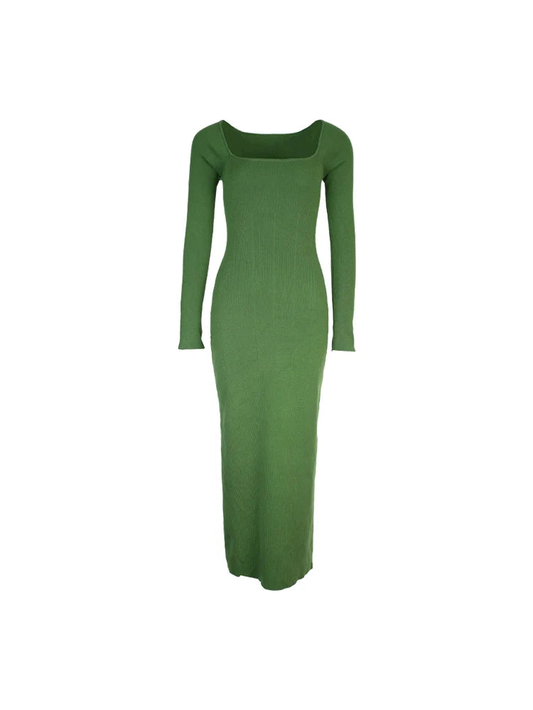 U-Neck Long Sleeve Ribbed Knit Maxi Dress