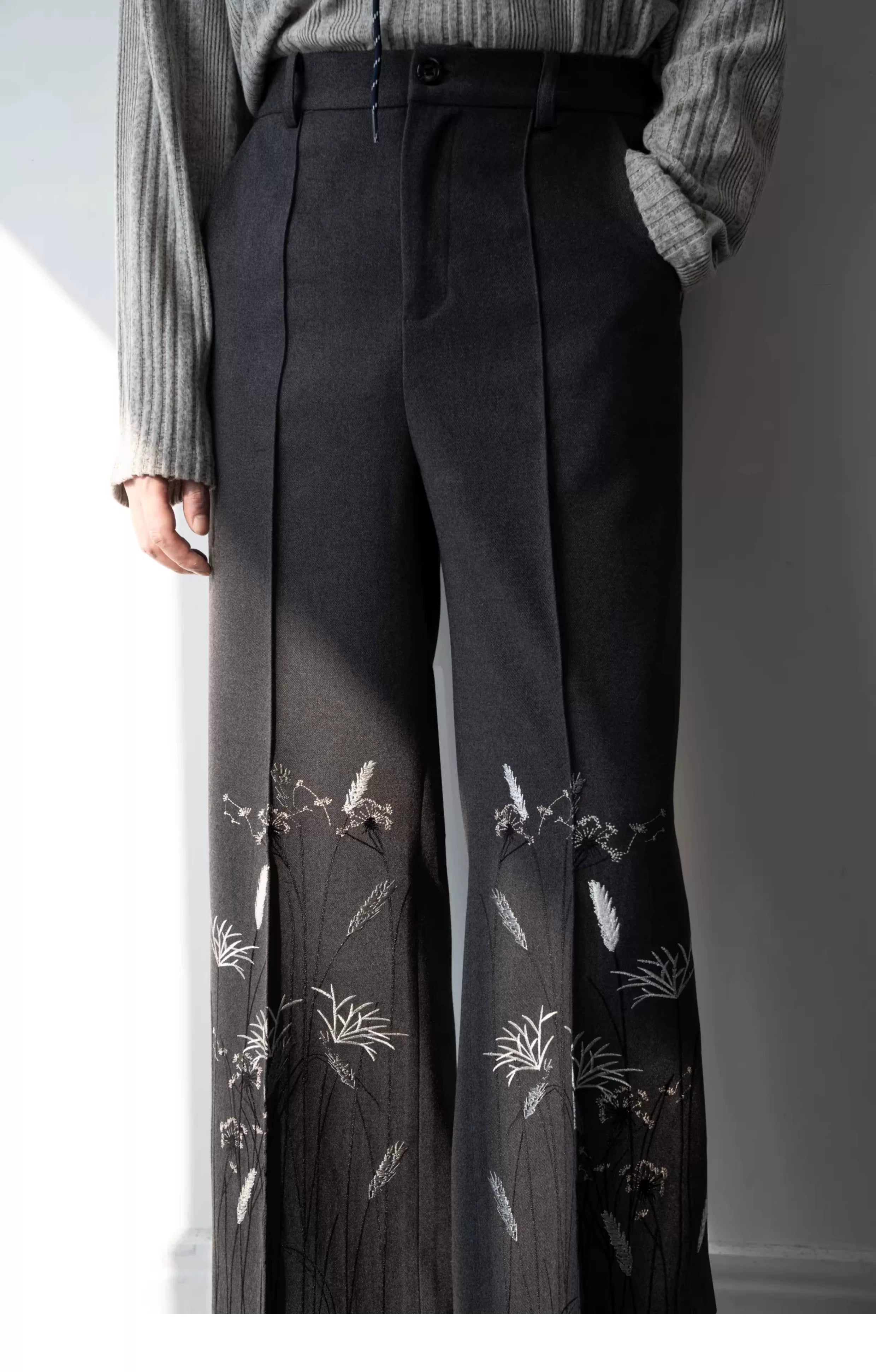Midnight Meadow Embroidered Wool Trousers