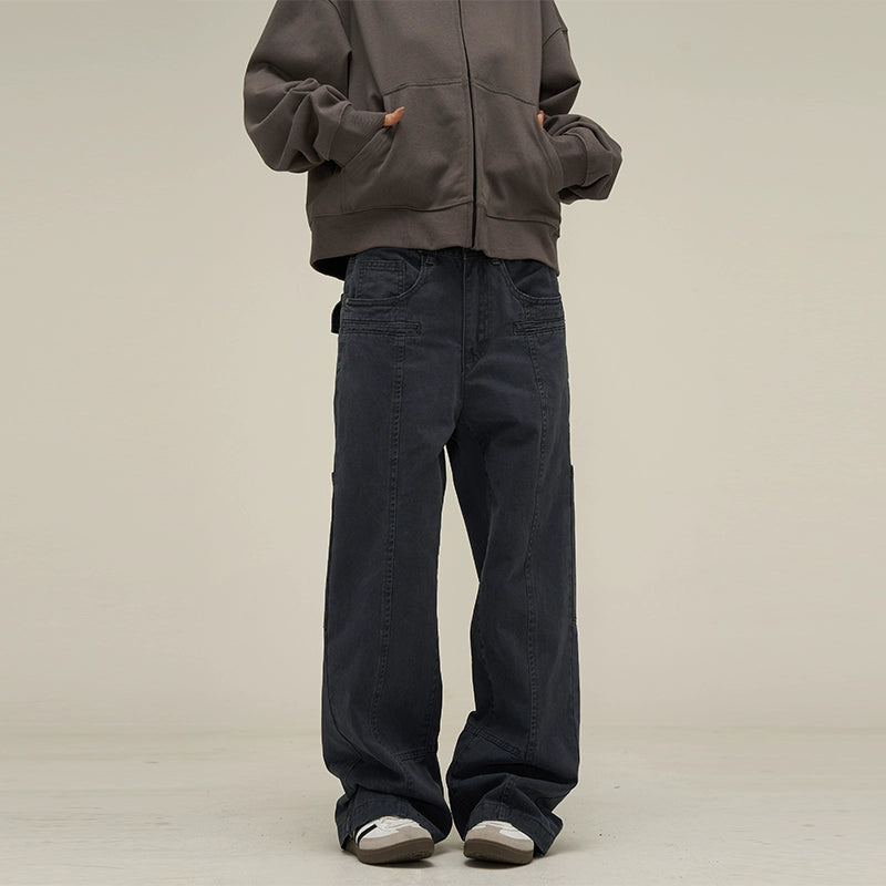 Washed Utility Panel Seams Wide Leg Jeans