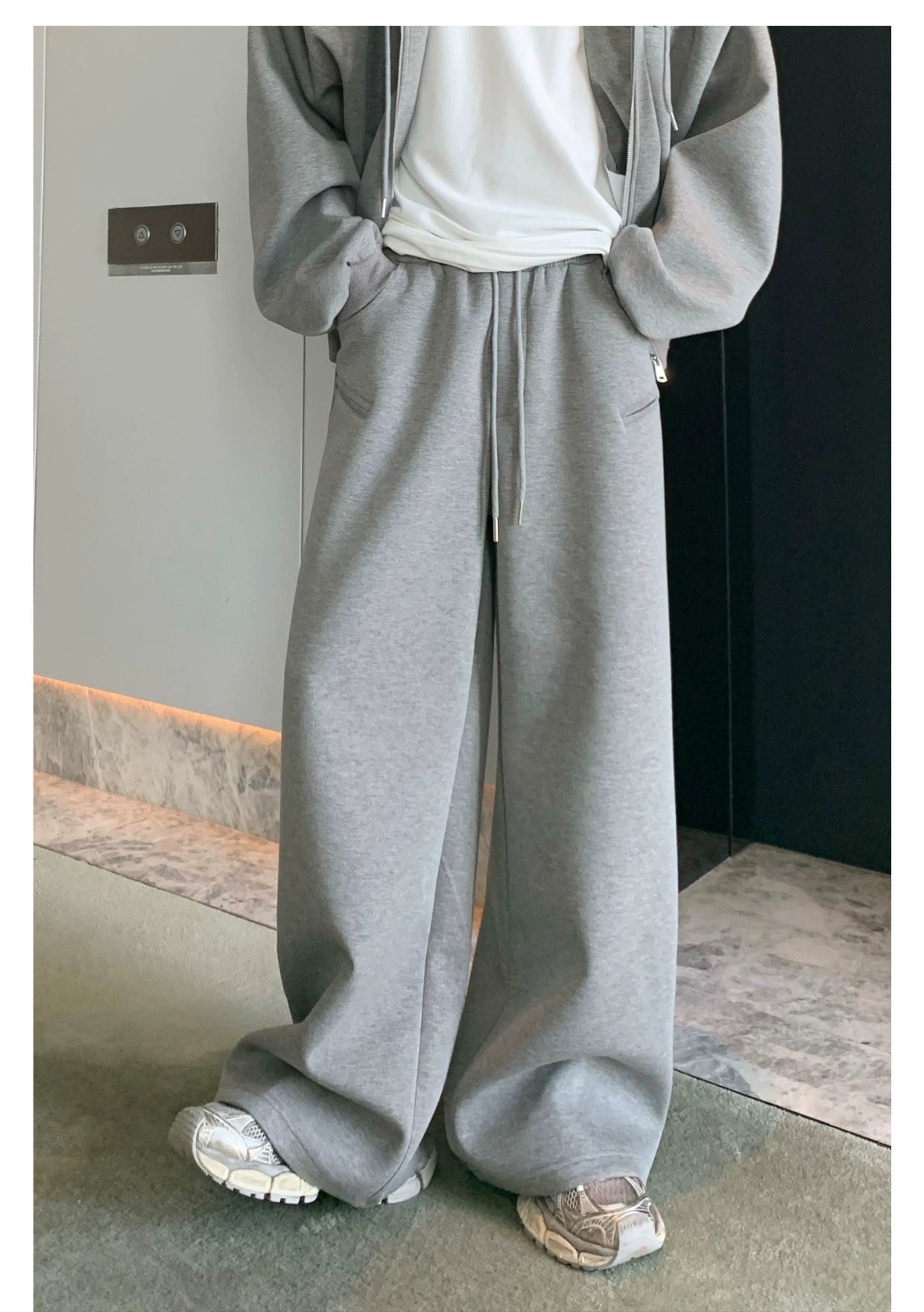 Shoulder-Padded Hoodie Jacket with Straight-Leg Pants Two-Piece Set