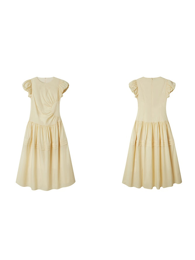 Round Neck Puff Sleeve Long Gather One-Piece - chiclara