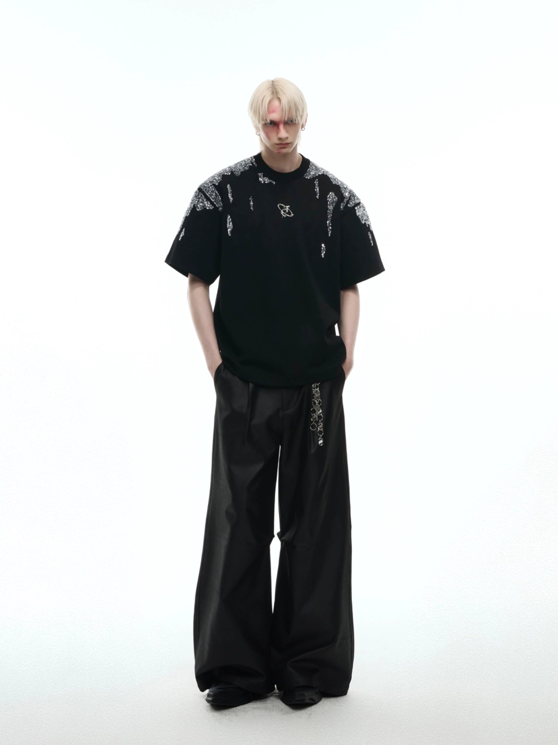 Crystal Shoulder Black Oversized Tee