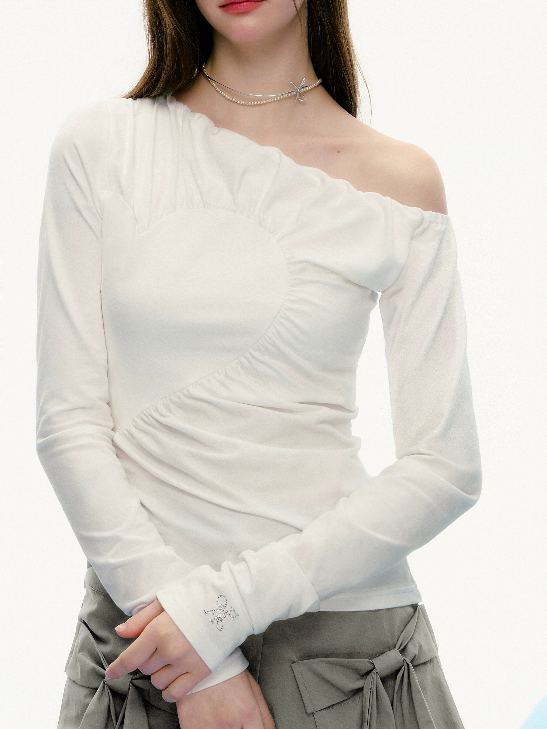 White Asymmetrical Long Sleeve Top with Diagonal Seam Detail