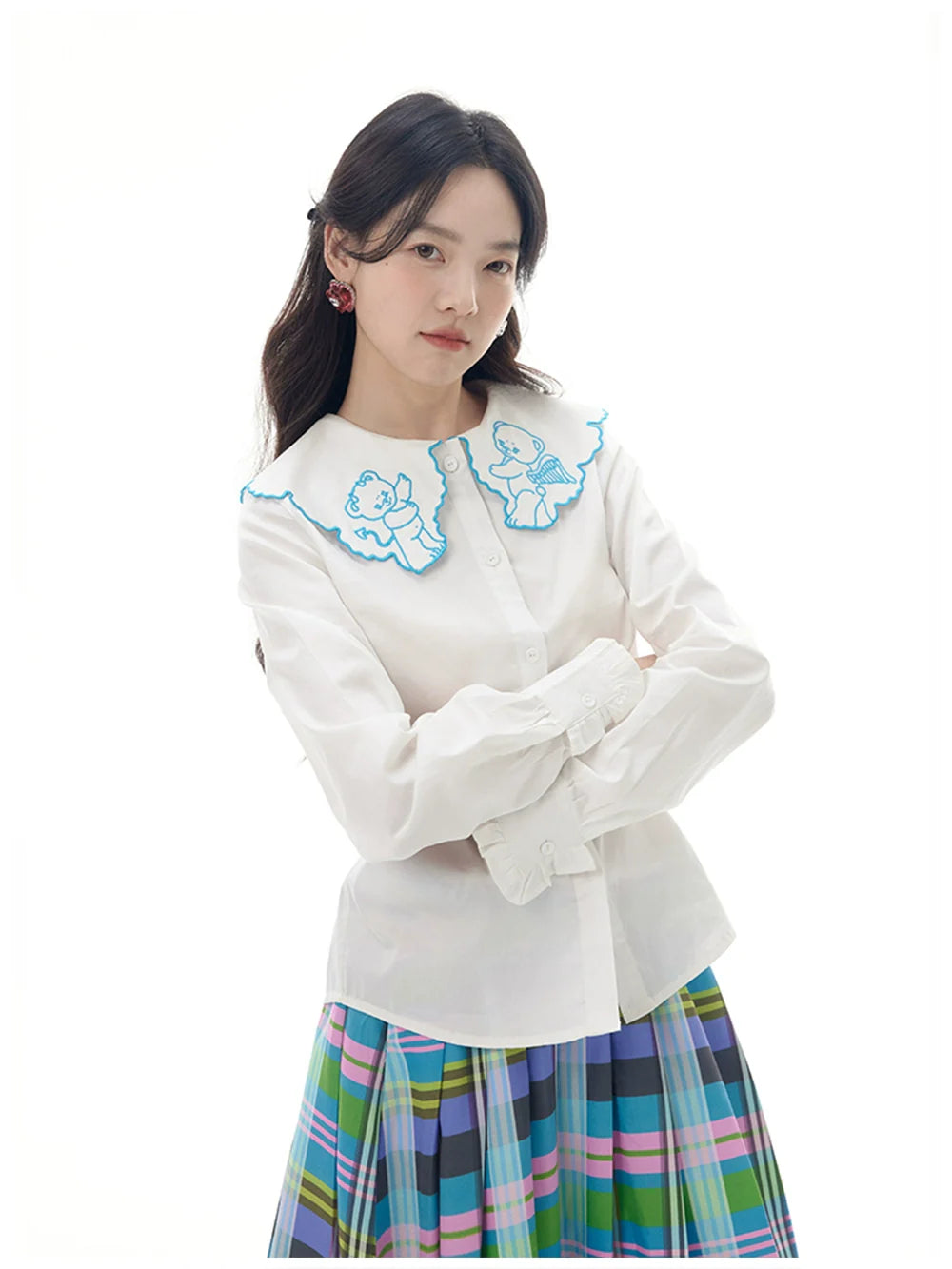 White Angel Embroidered Button Down Shirt
