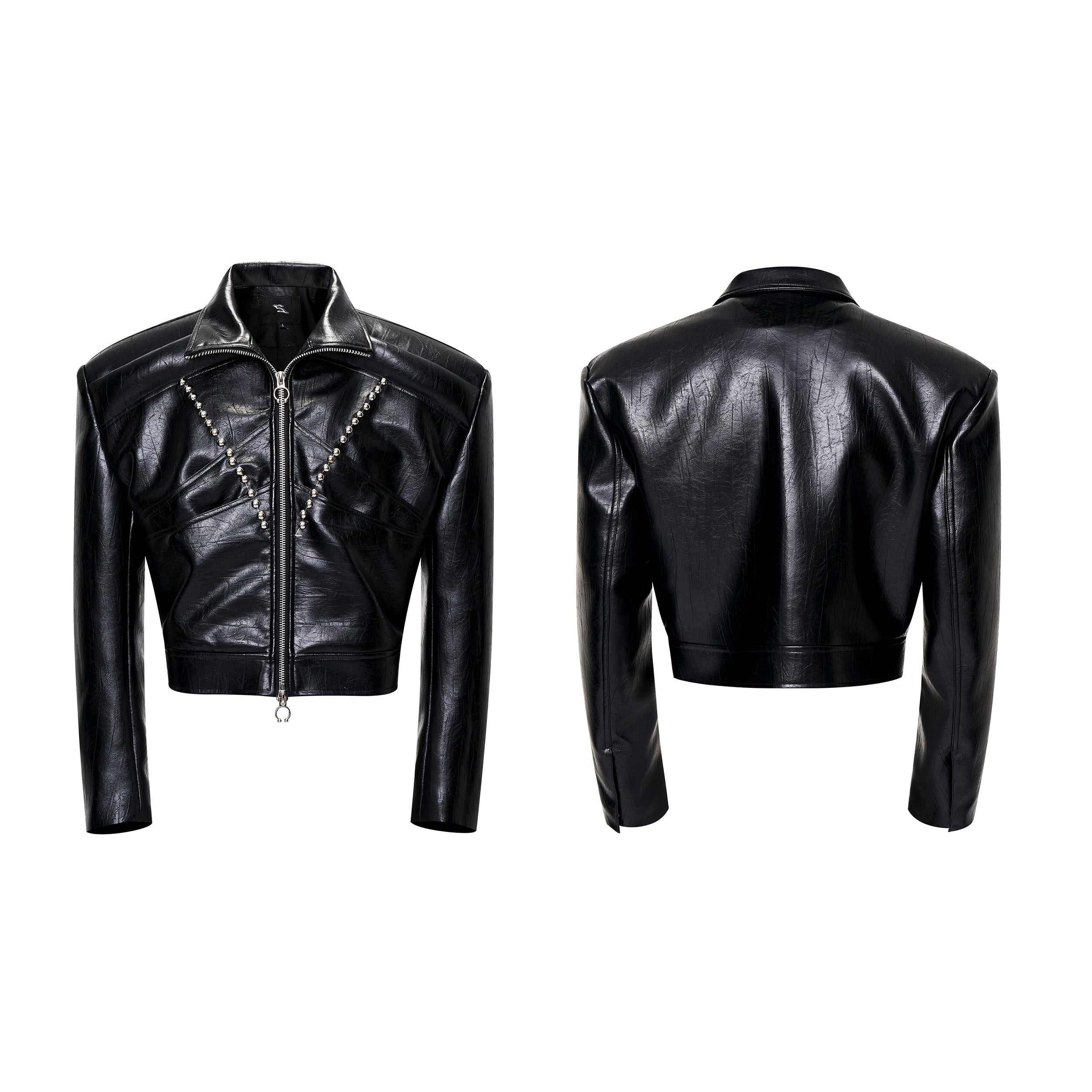 Black Faux Leather Cropped Jacket with Stud Embellishments