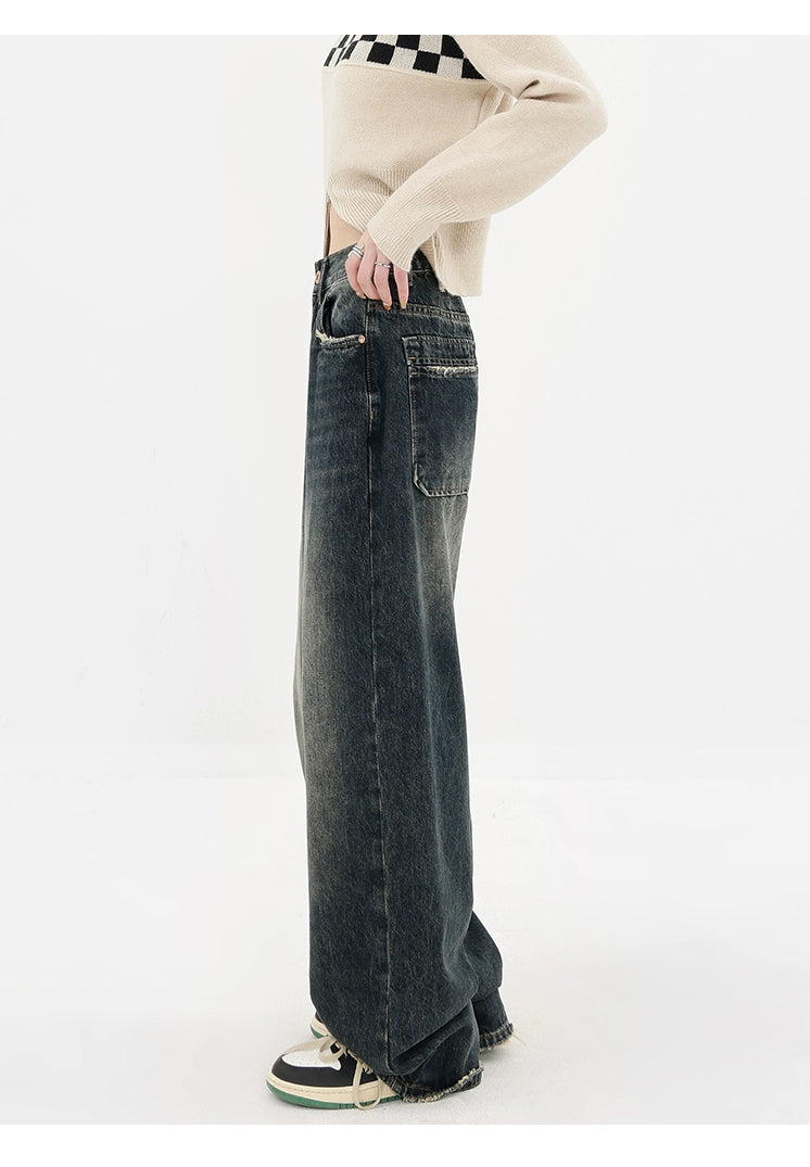 Vintage High Street Deep Blue Wide-Leg Denim Pants - chiclara
