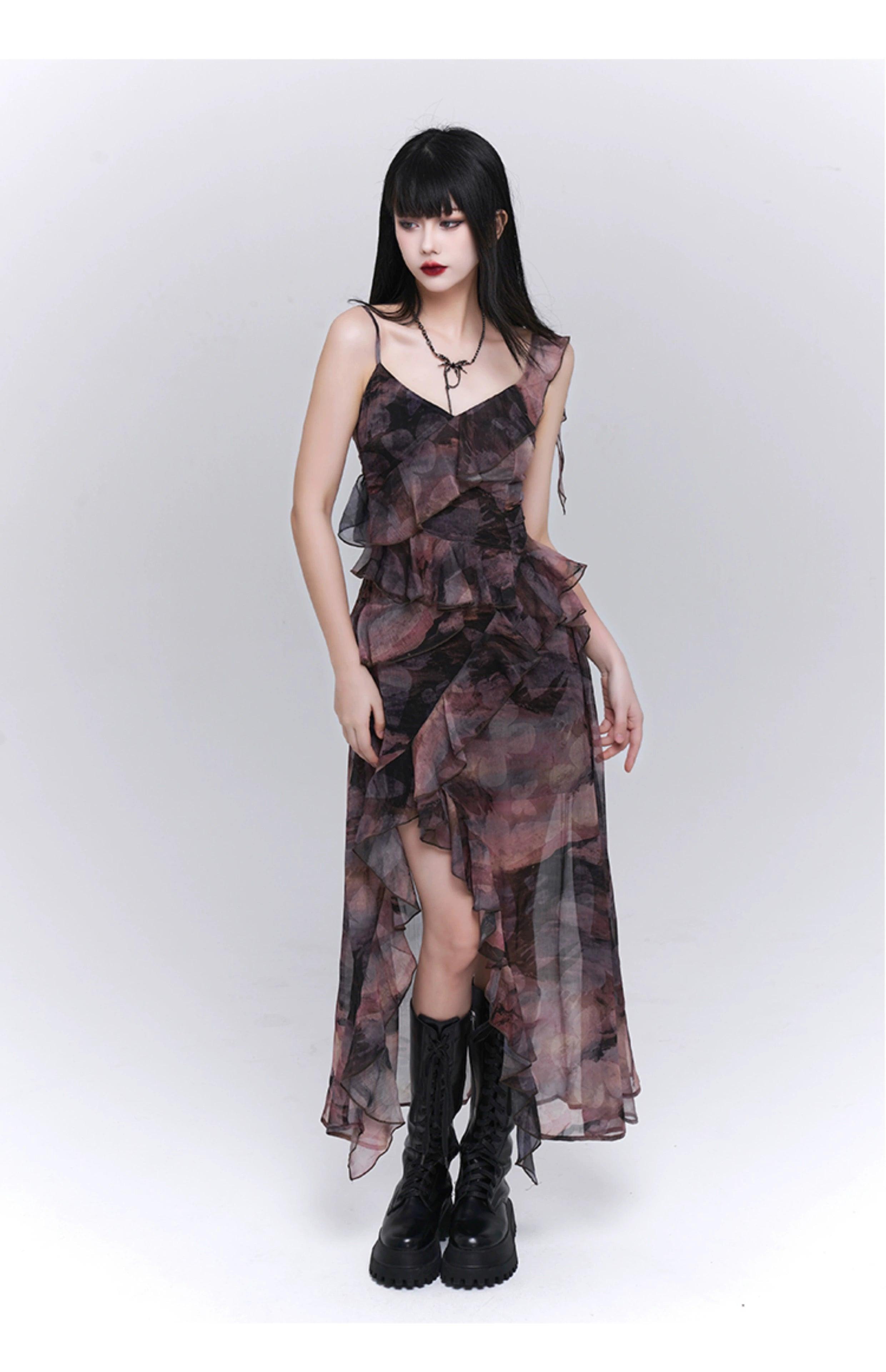 Ladyghost Dark Glamour Asymetrical Maxi Robe - Robe volante à imprimé floral pour femmes avec fente haute
