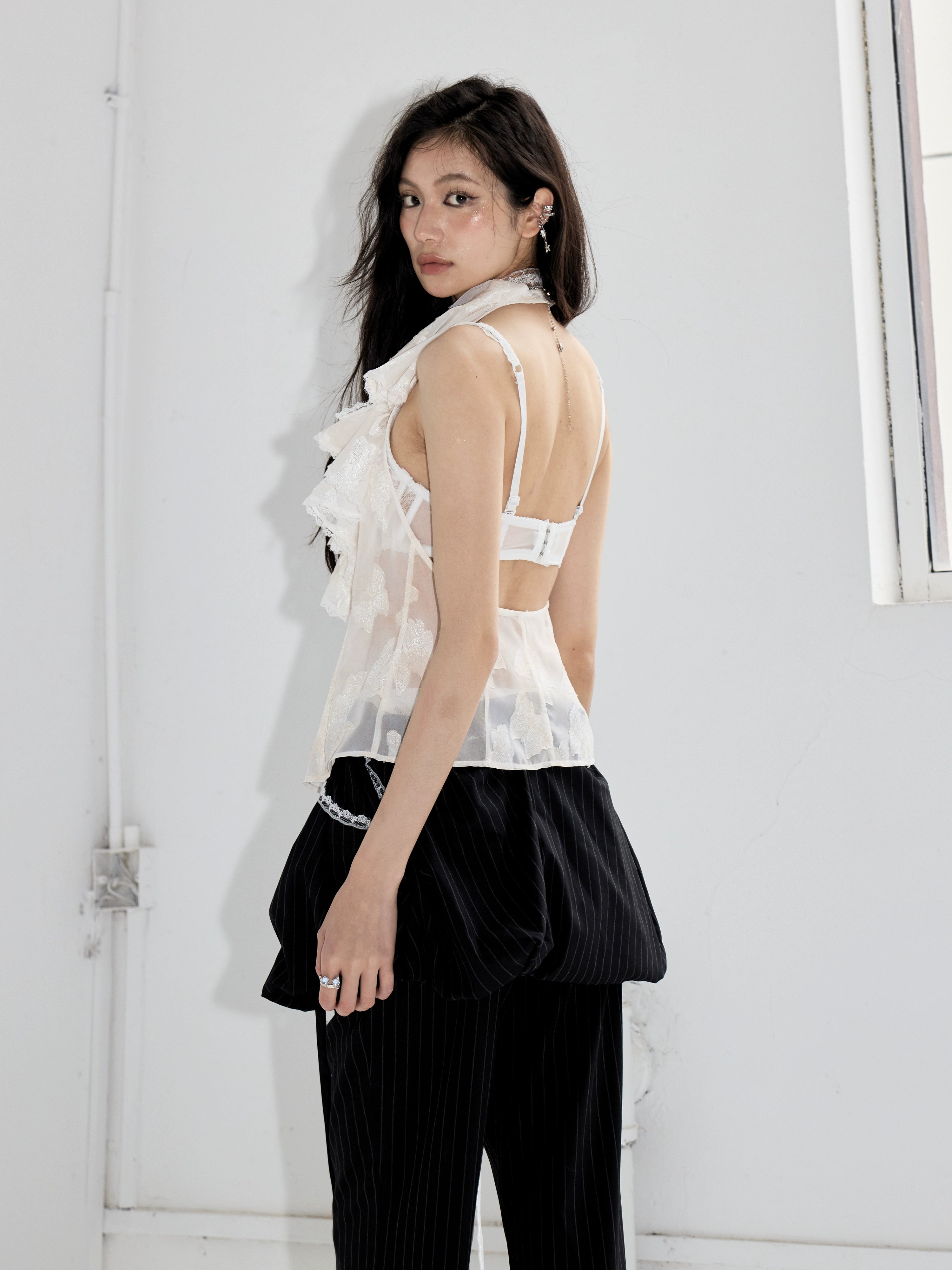 White Ruffle V-neck Sleeveless Blouse Top