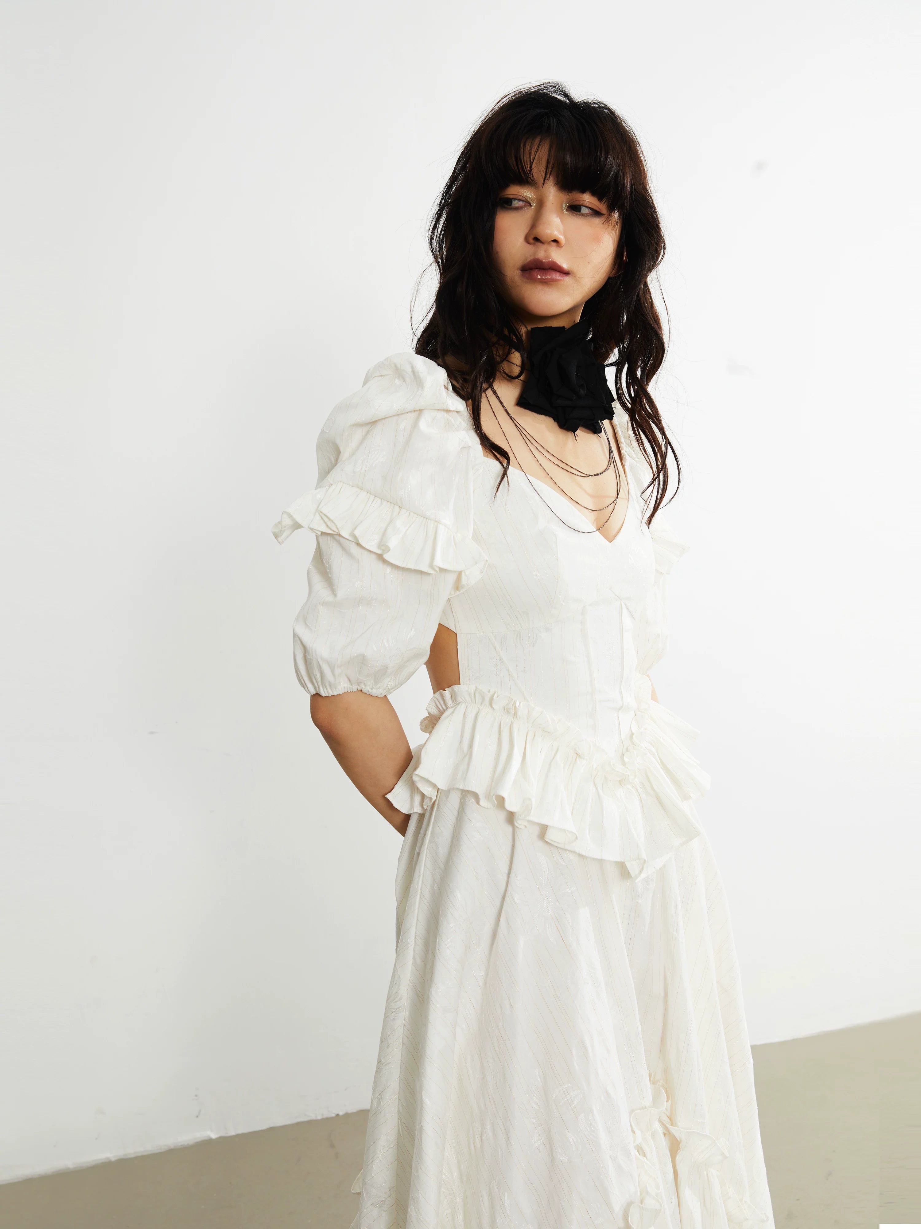 Ivory Ruffle Asymmetry Midi Dress