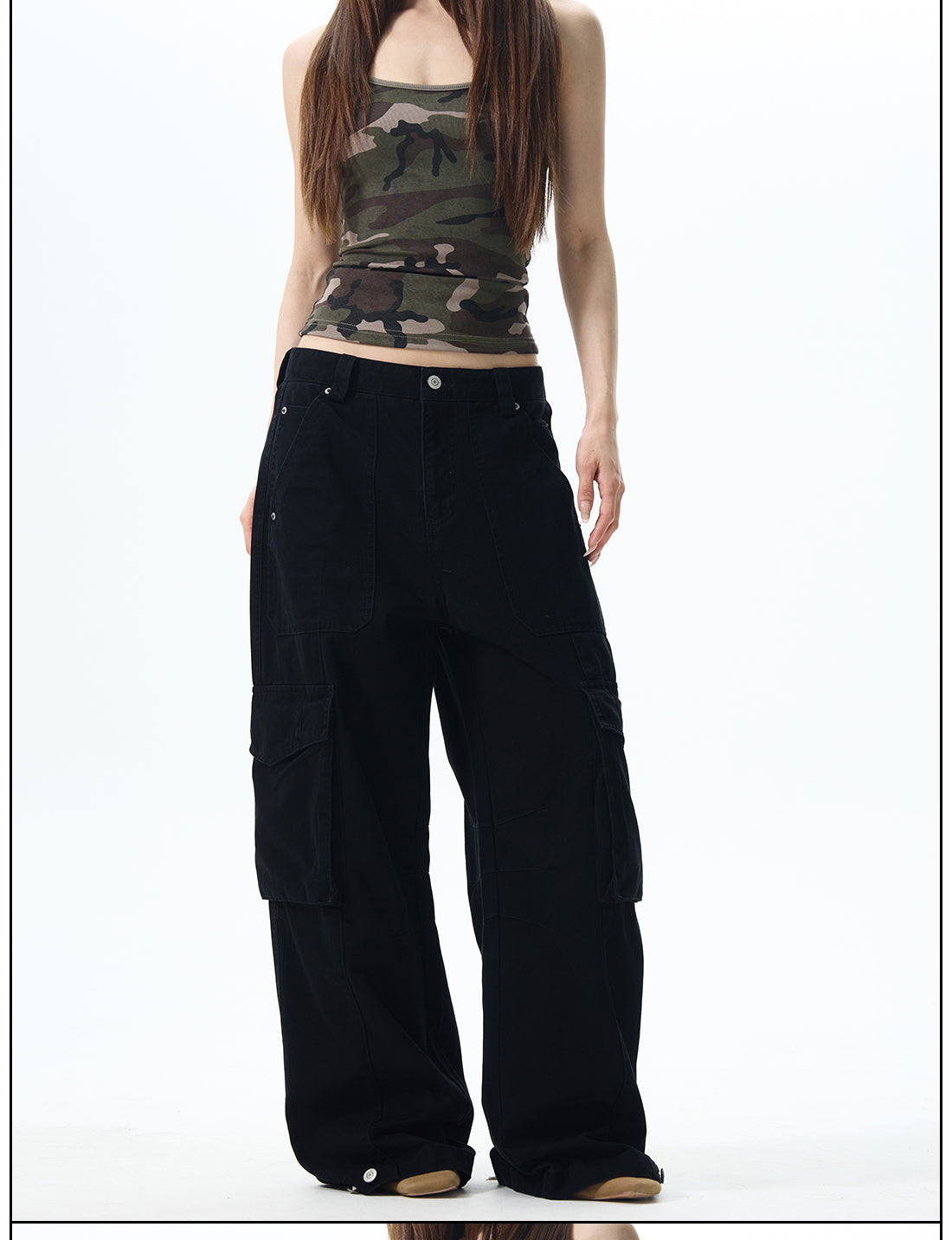 Wide Leg Cargo Pants in  Beige & Black
