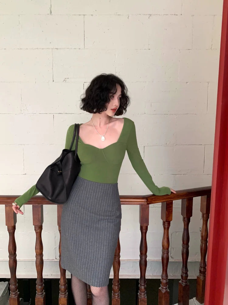 Sweetheart Neck Long Sleeve Top