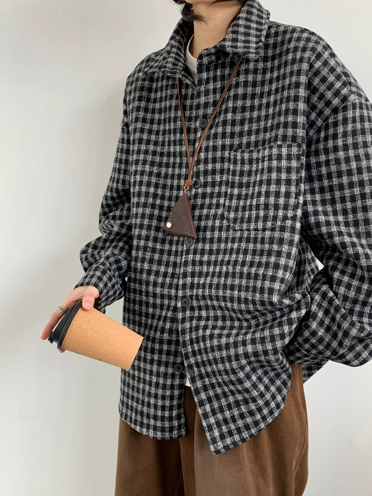 Oversized Brown Plaid Flannel Shirt