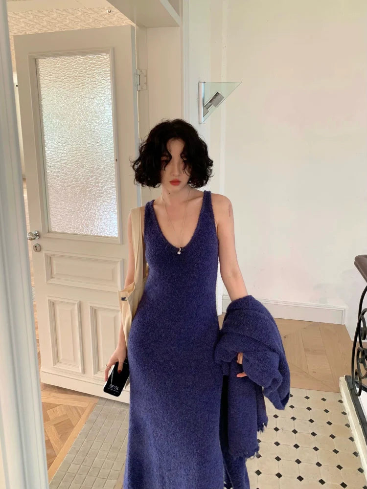 V-Neck Knit Maxi Dress and Long Cardigan Setup