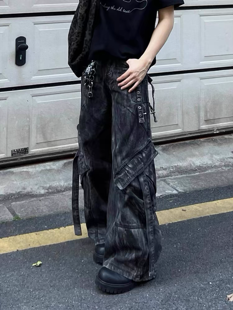 Black Acid Wash Cargo Jeans