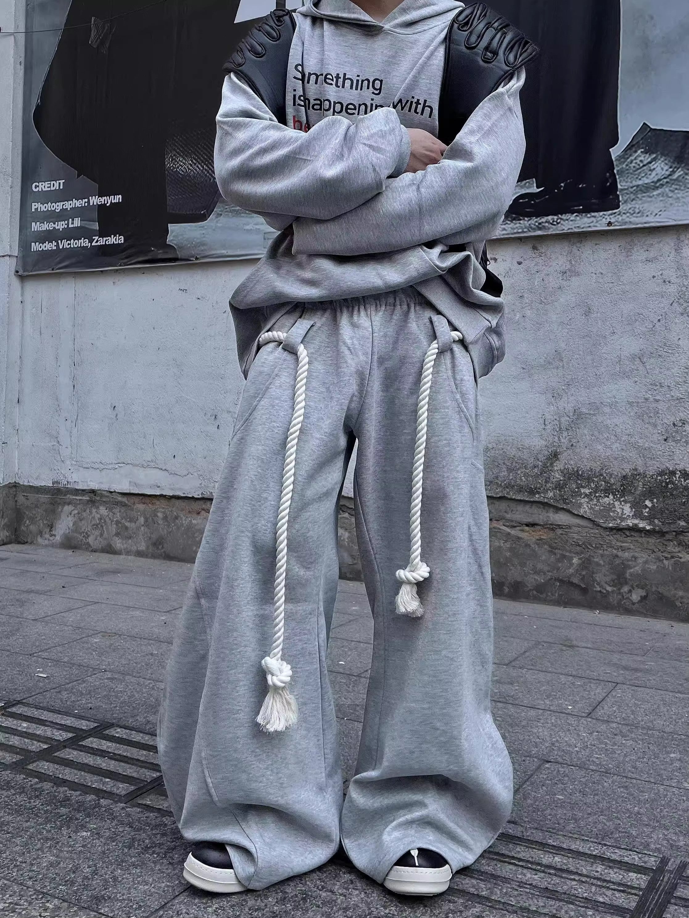 Gray Wide-Leg Sweatpants with Rope Drawstring