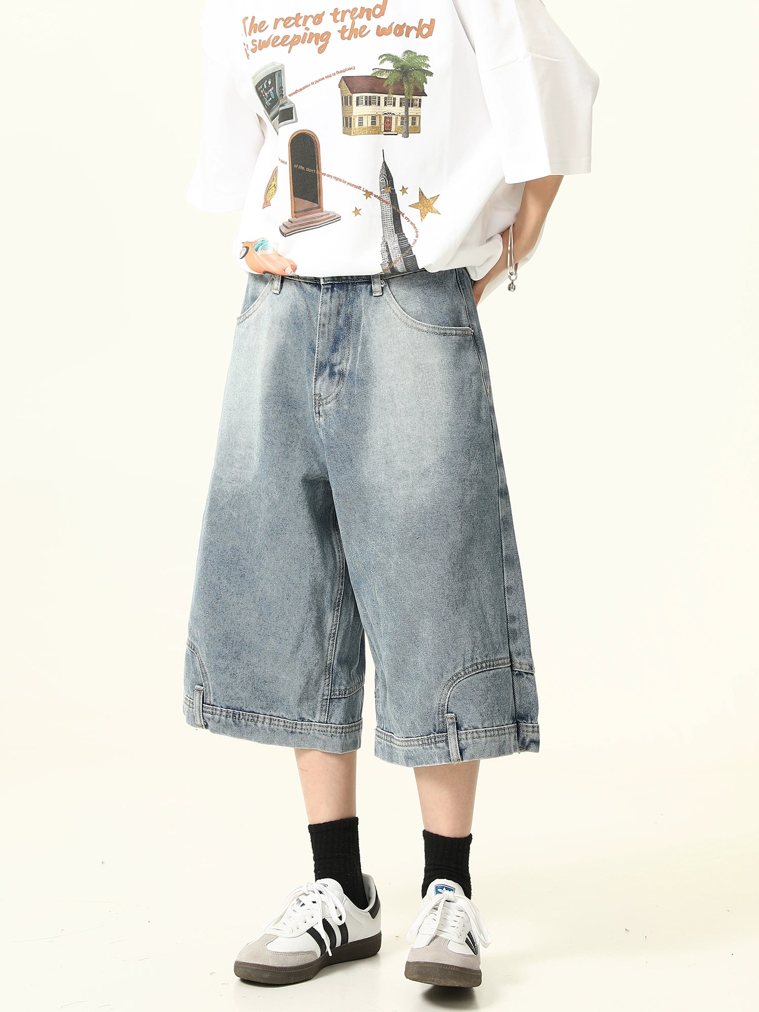Wide-Leg Denim Culotte Shorts