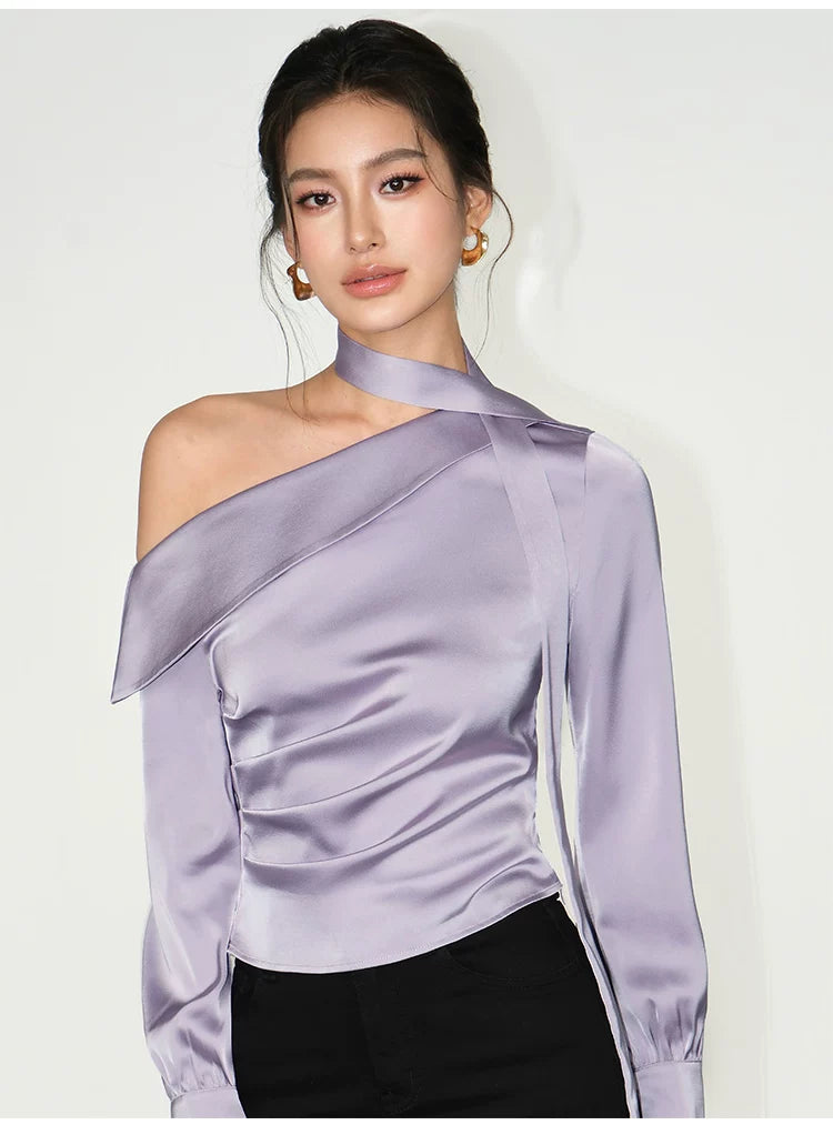 Asymmetric Choker Satin Ruched Blouse