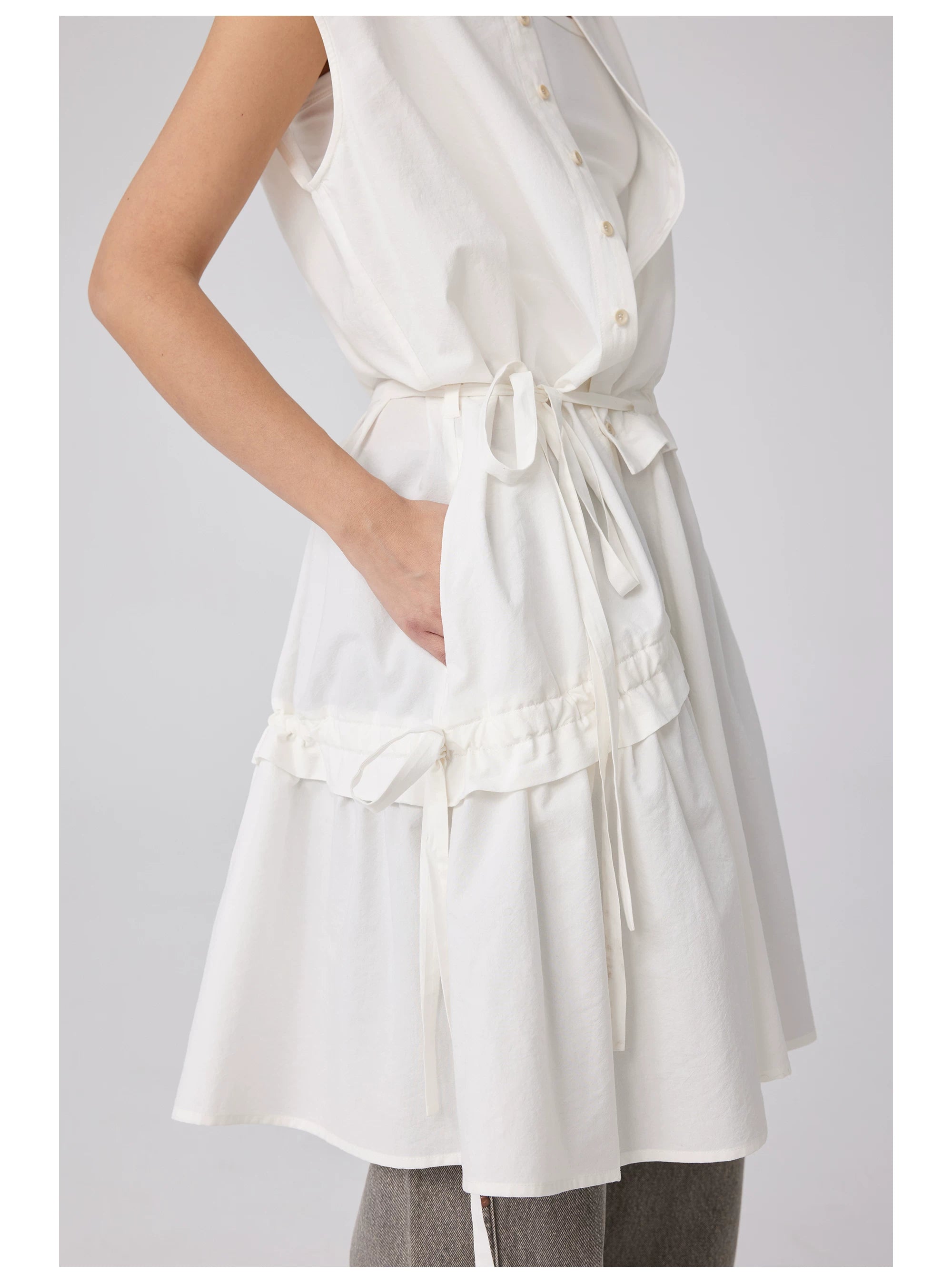 Sleeveless Button-Front Tie-Waist Dress