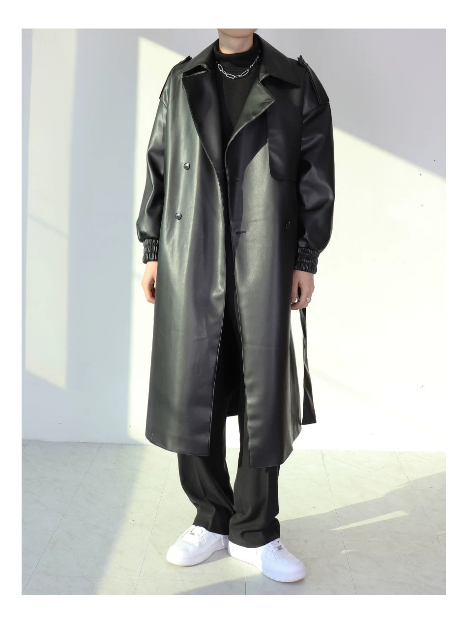 Noir Eclipse Belted Faux Leather Trench Coat