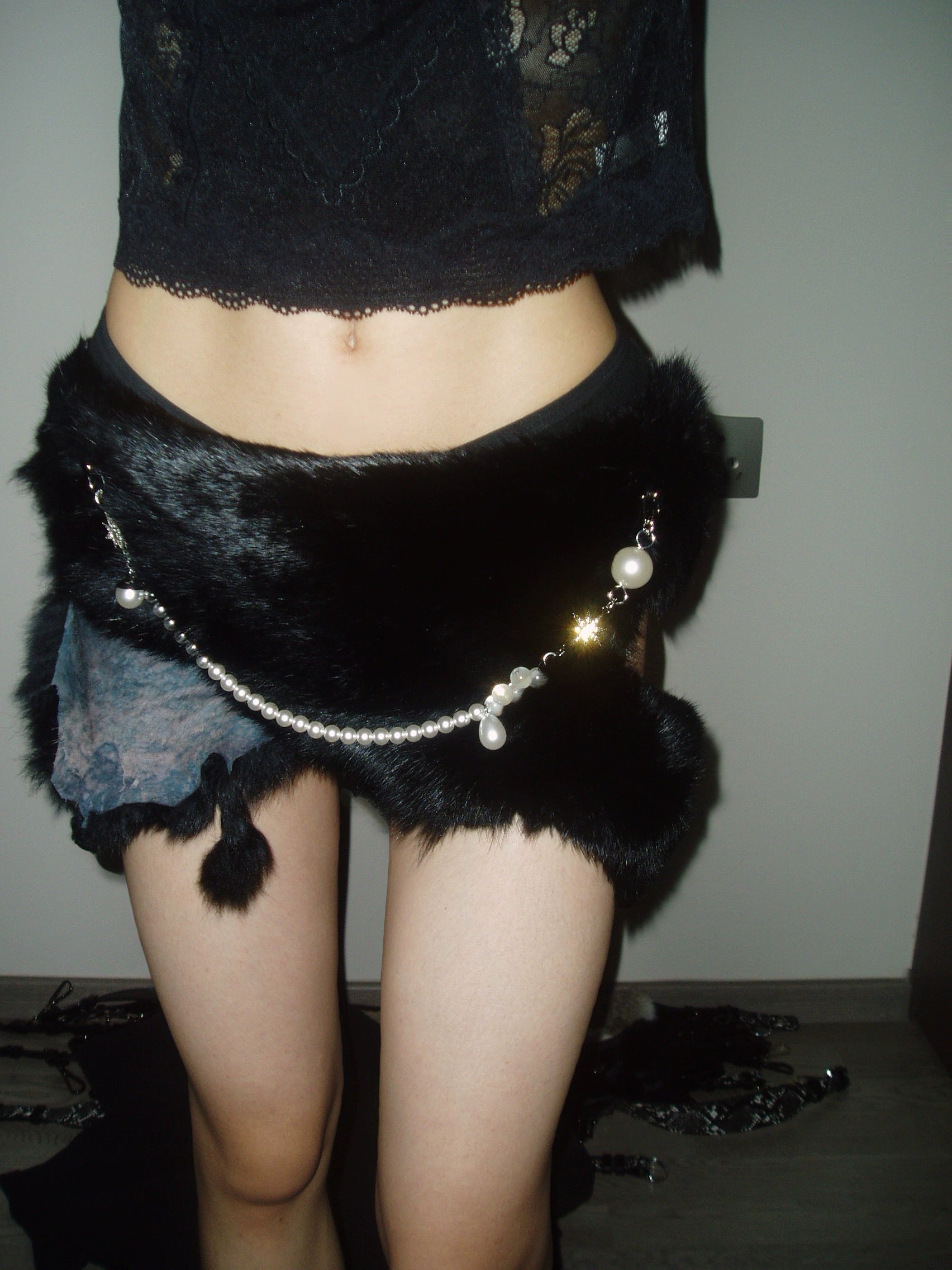 Black Rabbit Fur Pearl Chain Belt