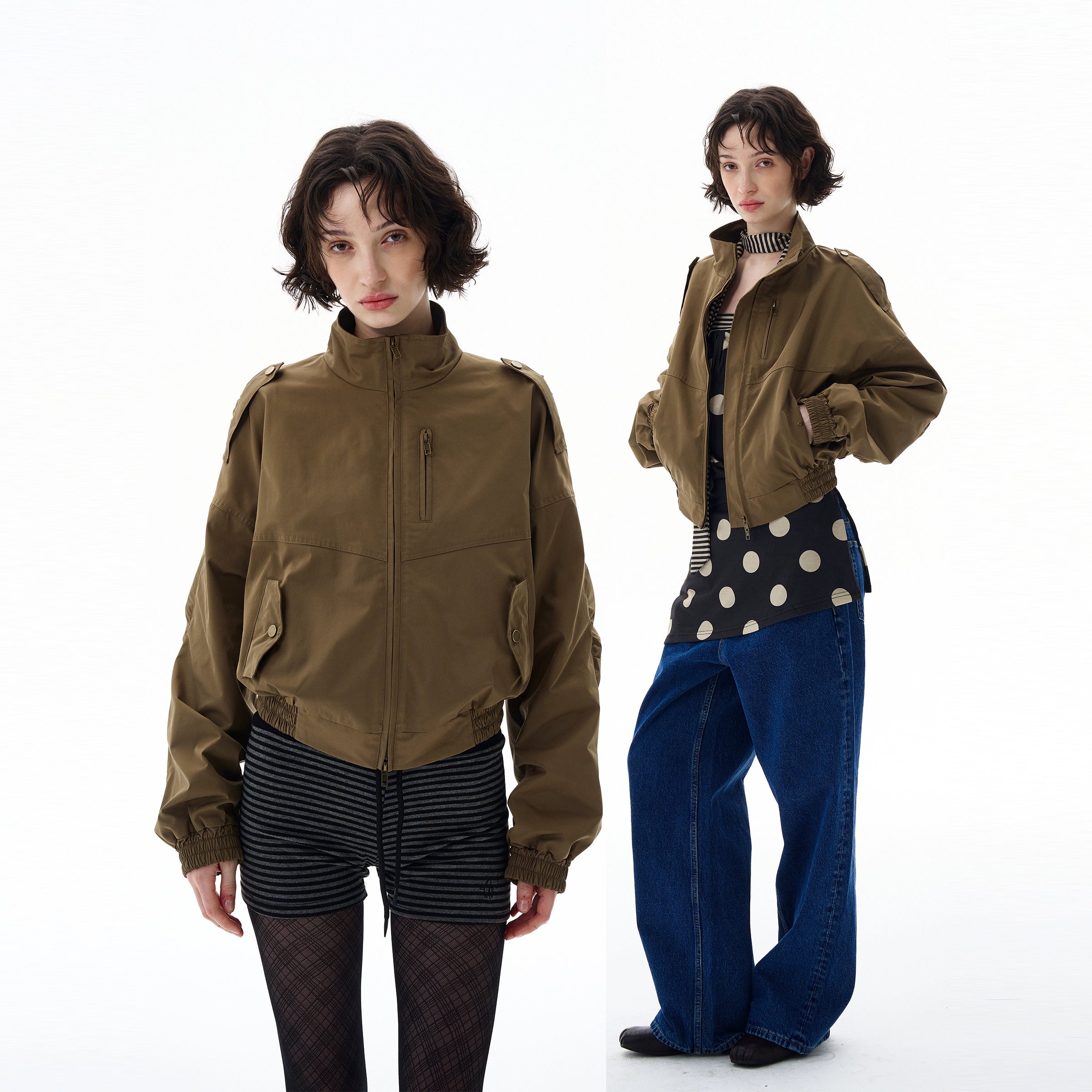 Cropped Utility High Collar Bomber Jacket