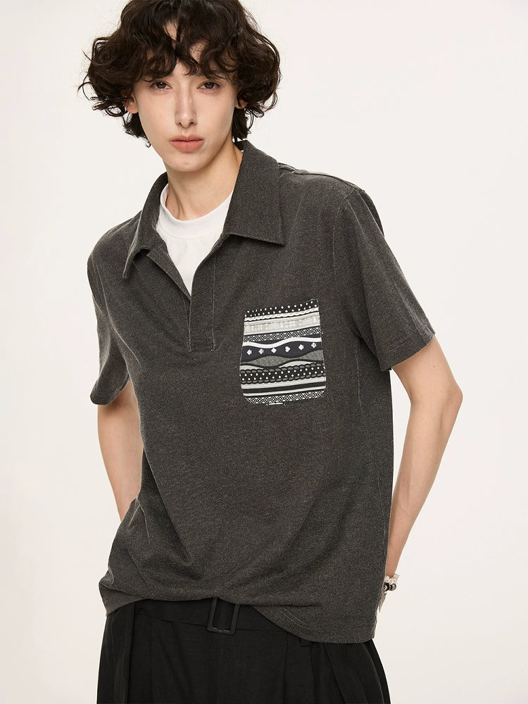 Charcoal Polo Shirt with Patterned Chest Pocket