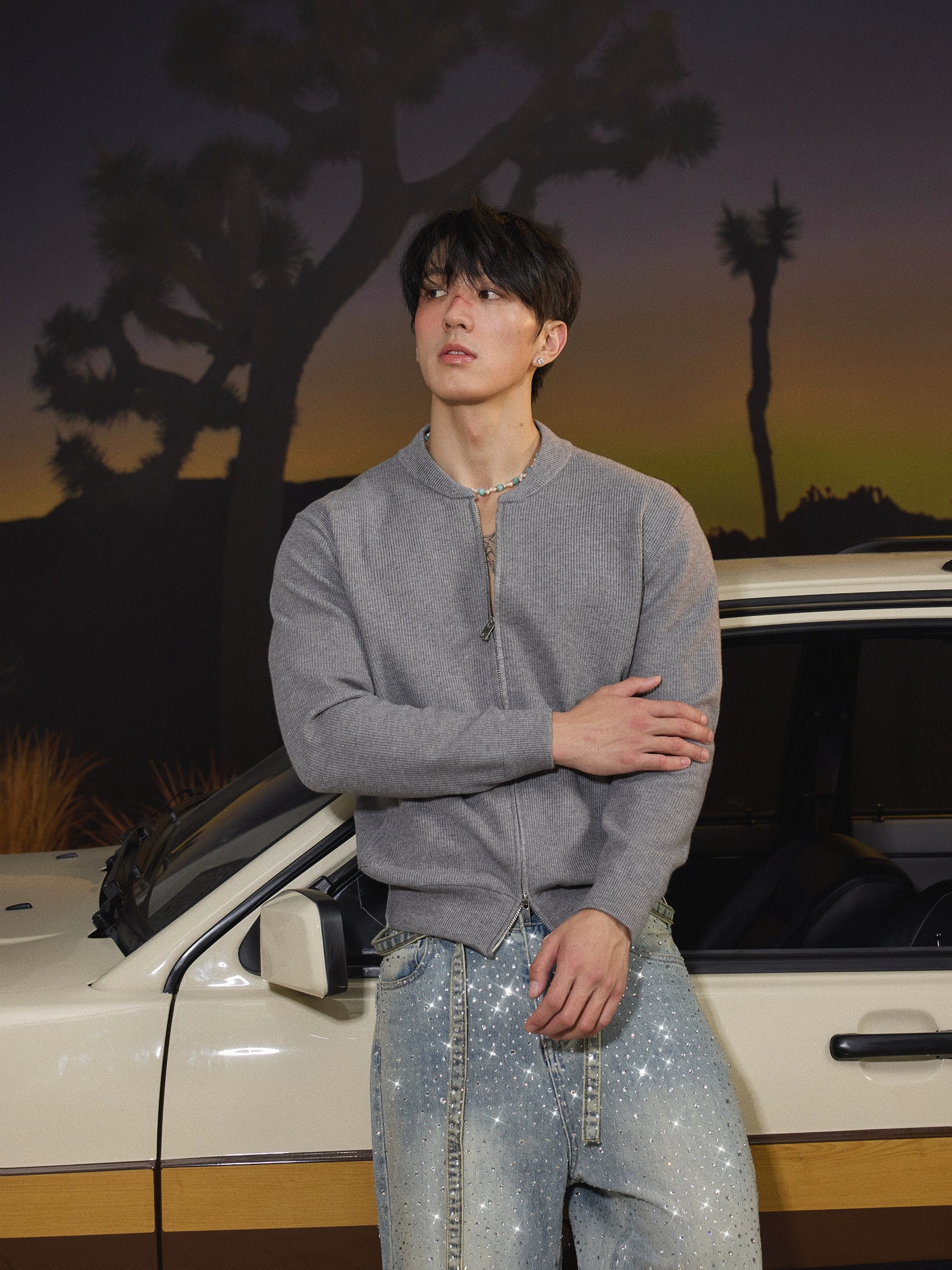 Ash Ribbed Zip-Up Cardigan