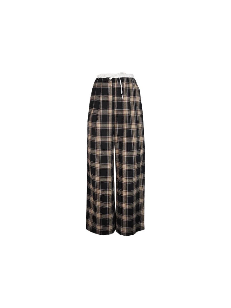 Casual Black Plaid Wide Leg Pants