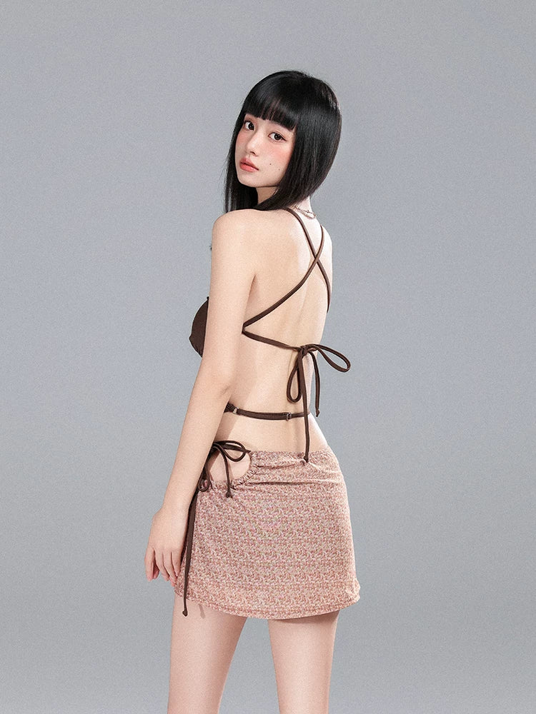 Mocha Cinch Halter Mini Skirt Set