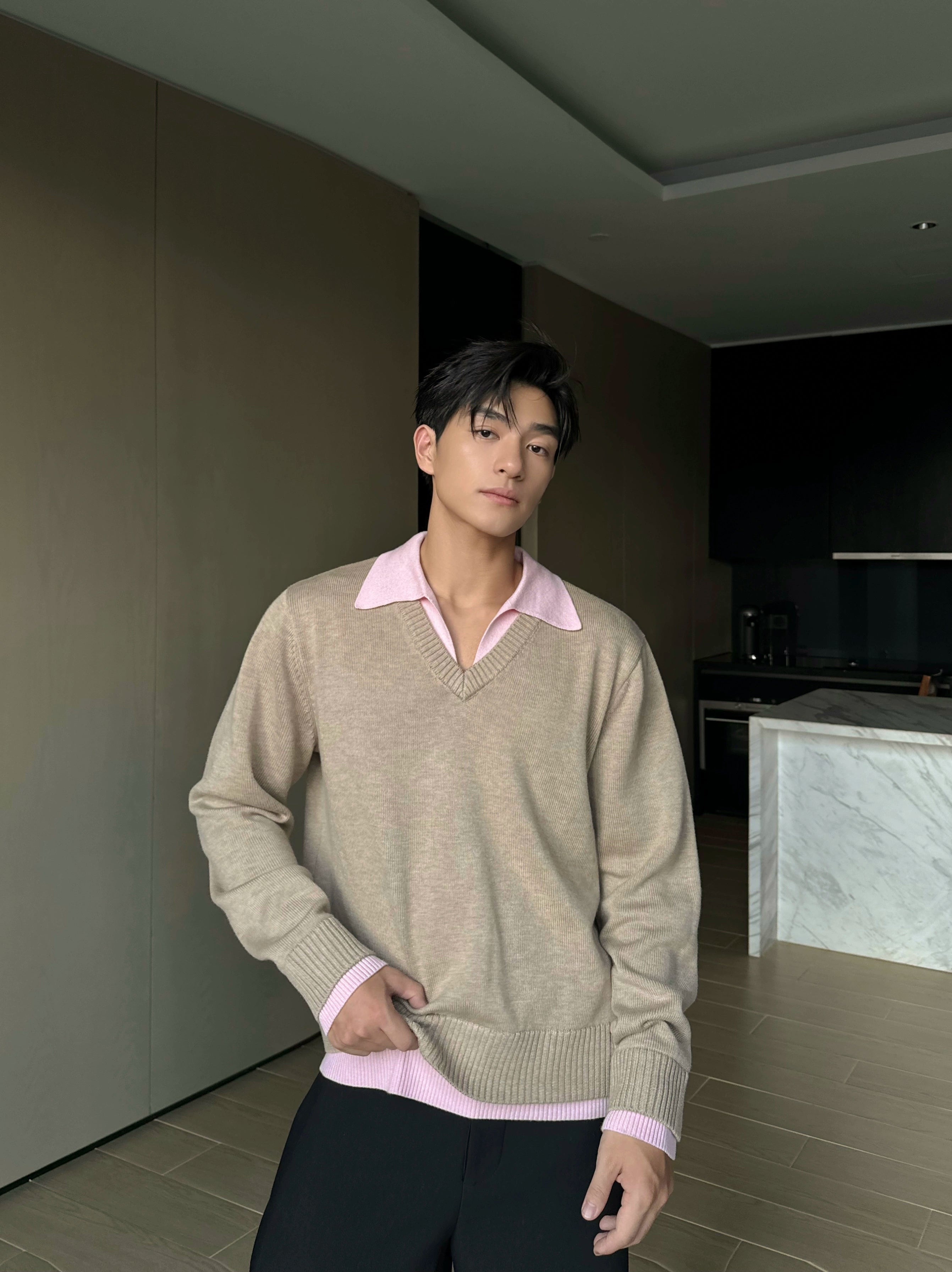Classic Grey V-Neck Knit Wool Sweater