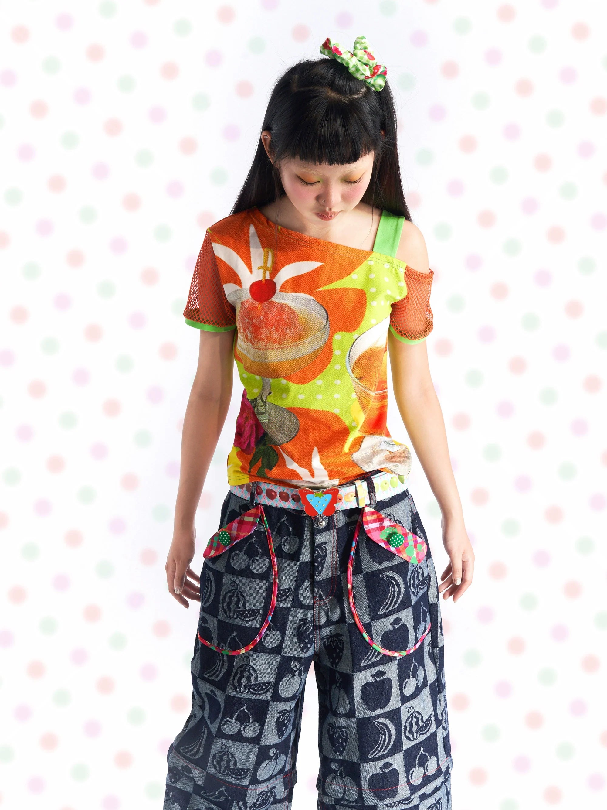 Orange Fruit Smoothie Print Mesh T-shirt
