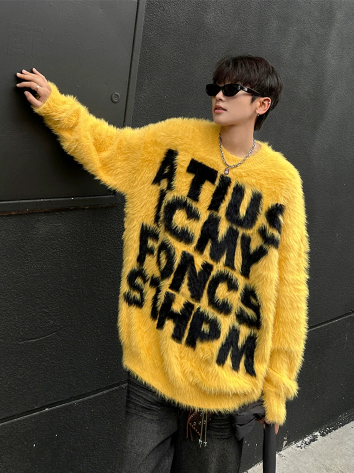 Fuzzy Sweater with Bold Lettering