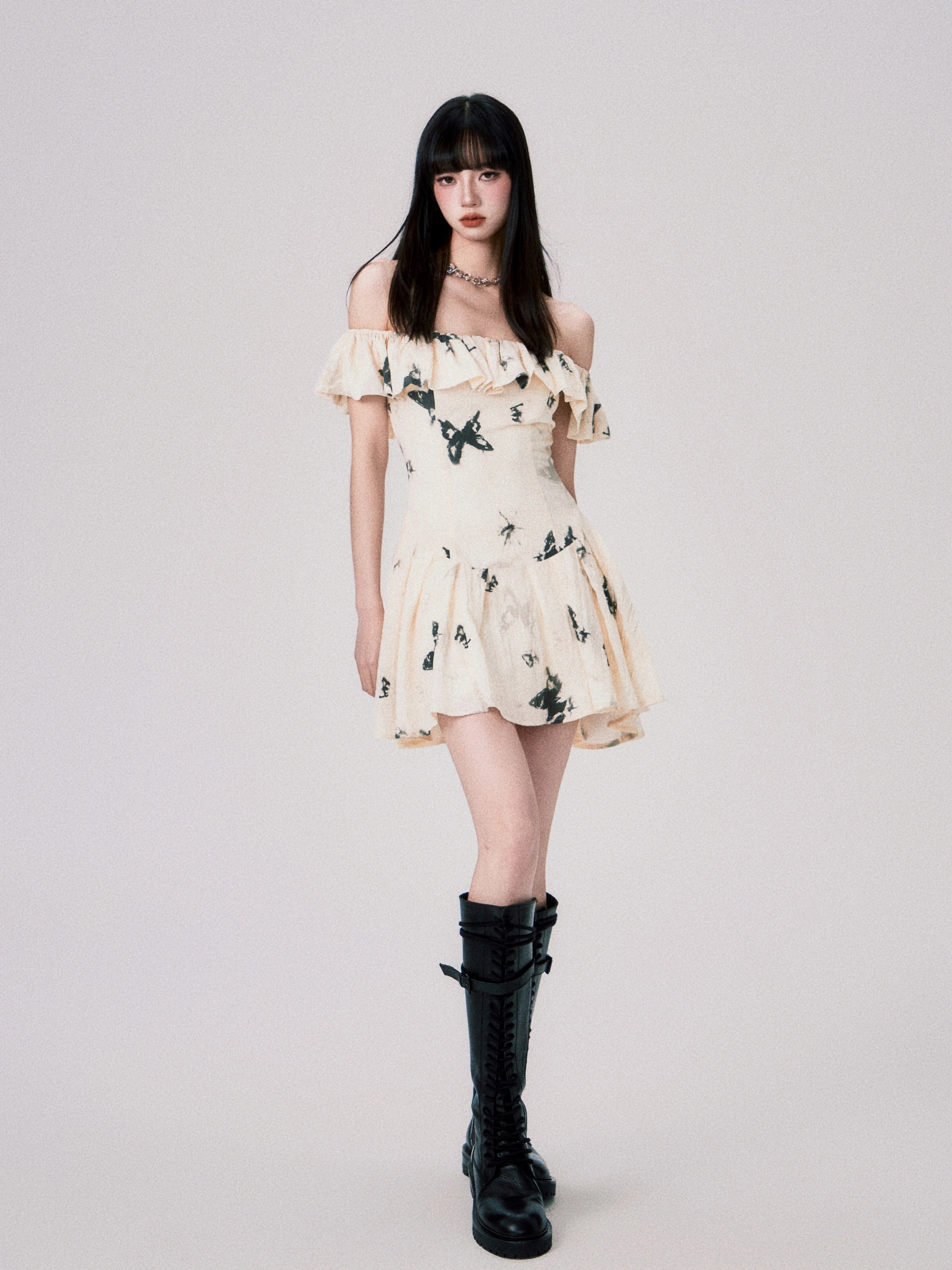 French Ink Butterfly Print Off-Shoulder Dress - chiclara