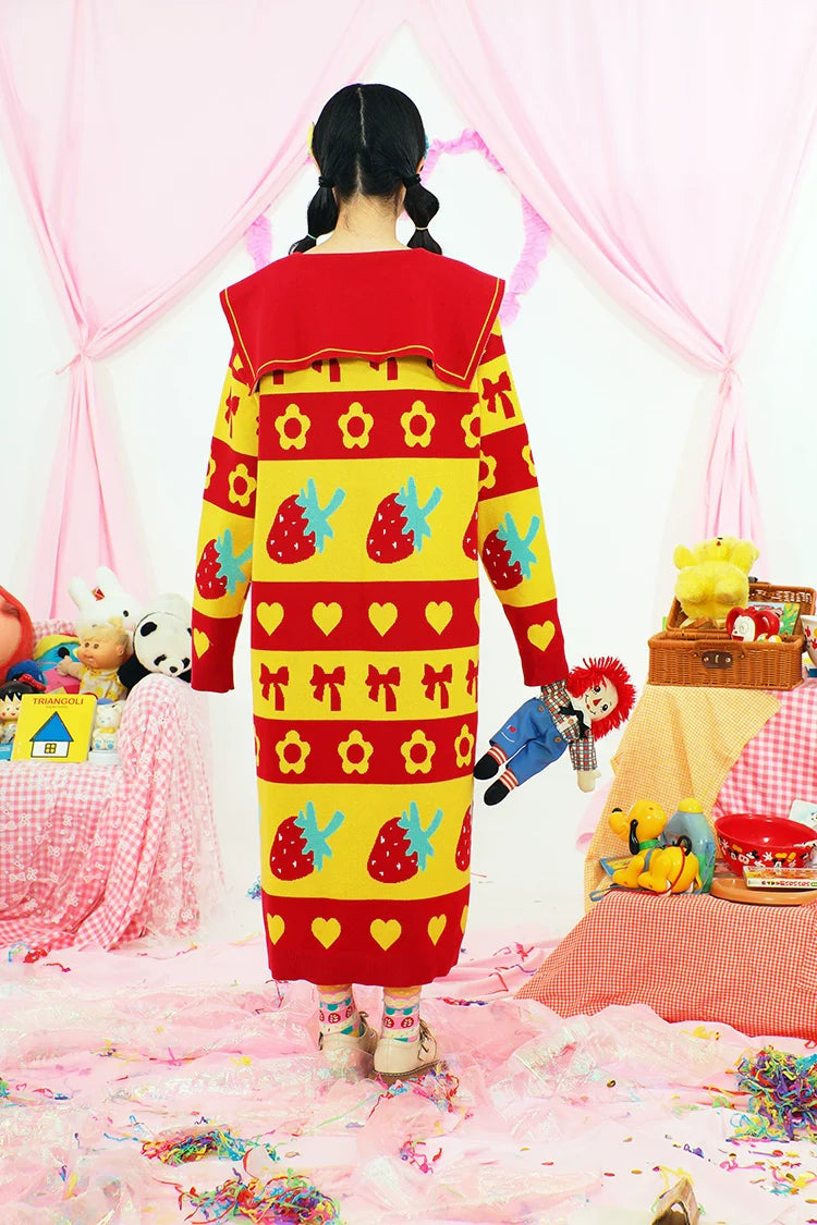Strawberry Pattern Hooded Knit Sweater Dress
