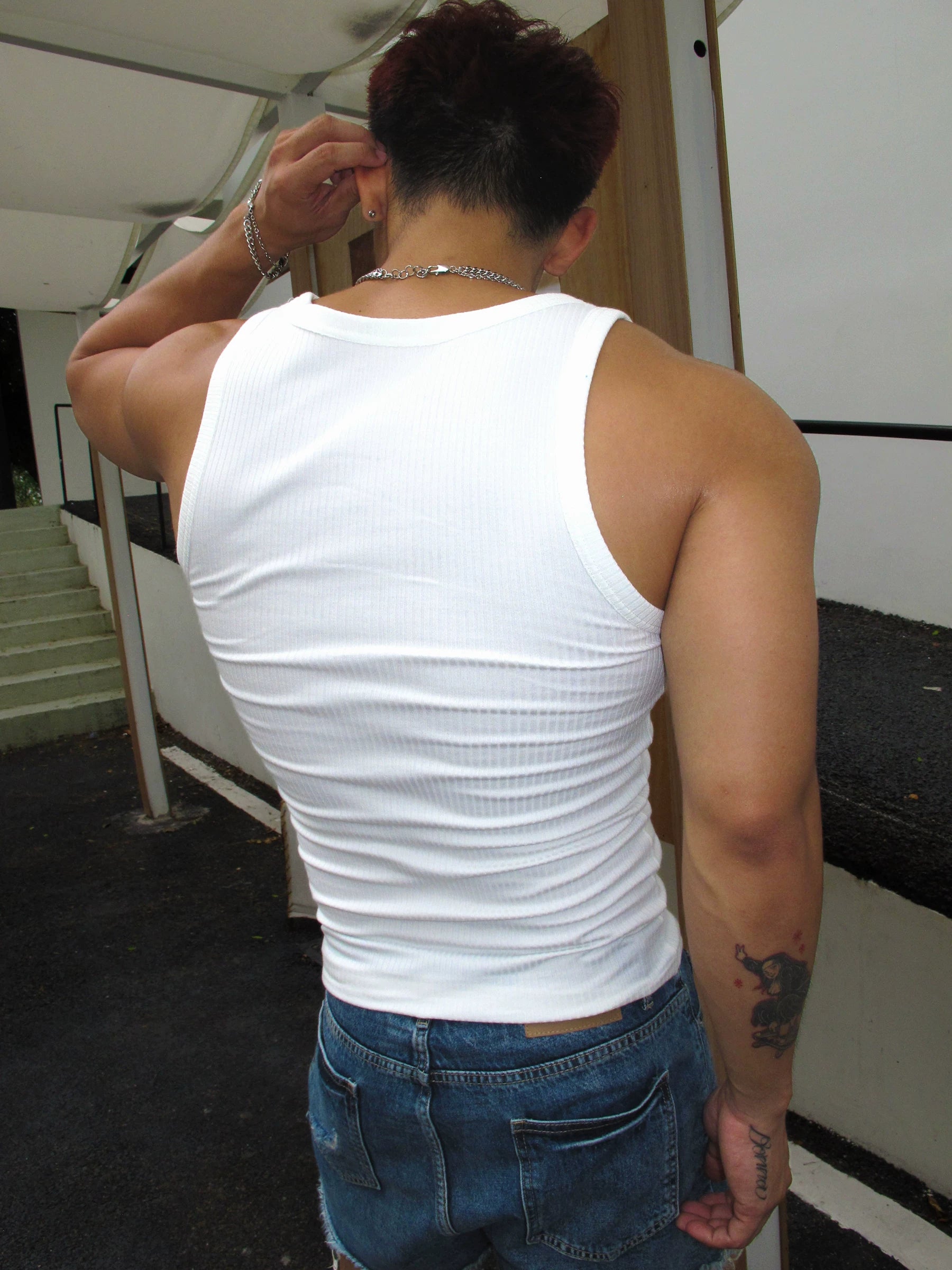 Aqua Script Ribbed Tank Top